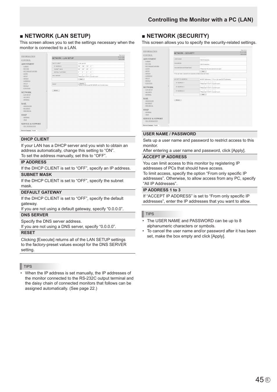 Network (lan setup), Network (security), Controlling the monitor with a pc (lan) | Sharp PN-E802 User Manual | Page 45 / 56