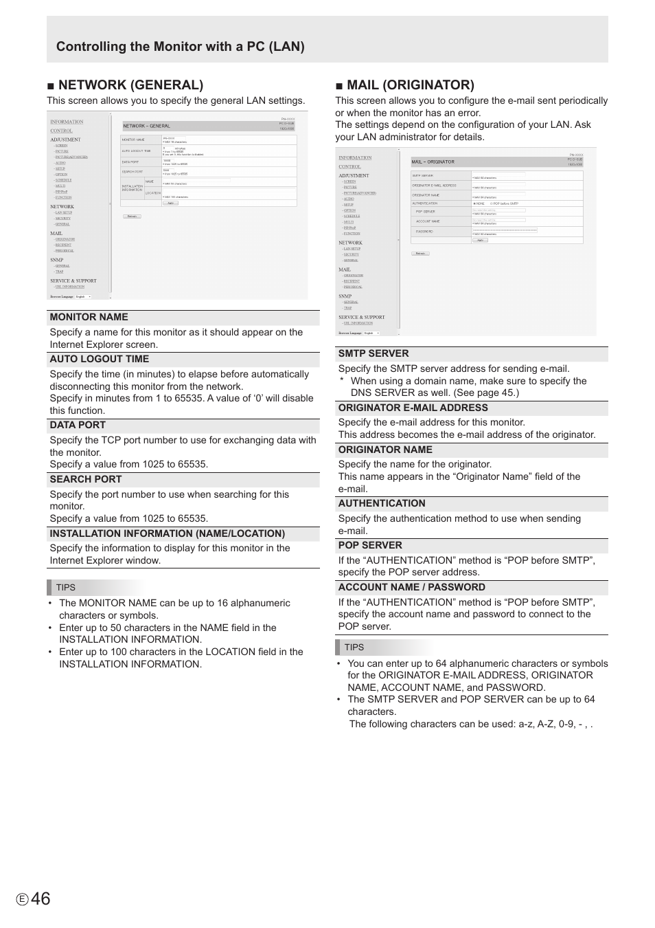 Network (general), Mail (originator), Controlling the monitor with a pc (lan) | Sharp PN-E802 User Manual | Page 46 / 56