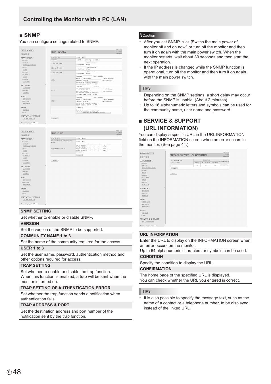 Controlling the monitor with a pc (lan) ■ snmp, Service & support (url information) | Sharp PN-E802 User Manual | Page 48 / 56