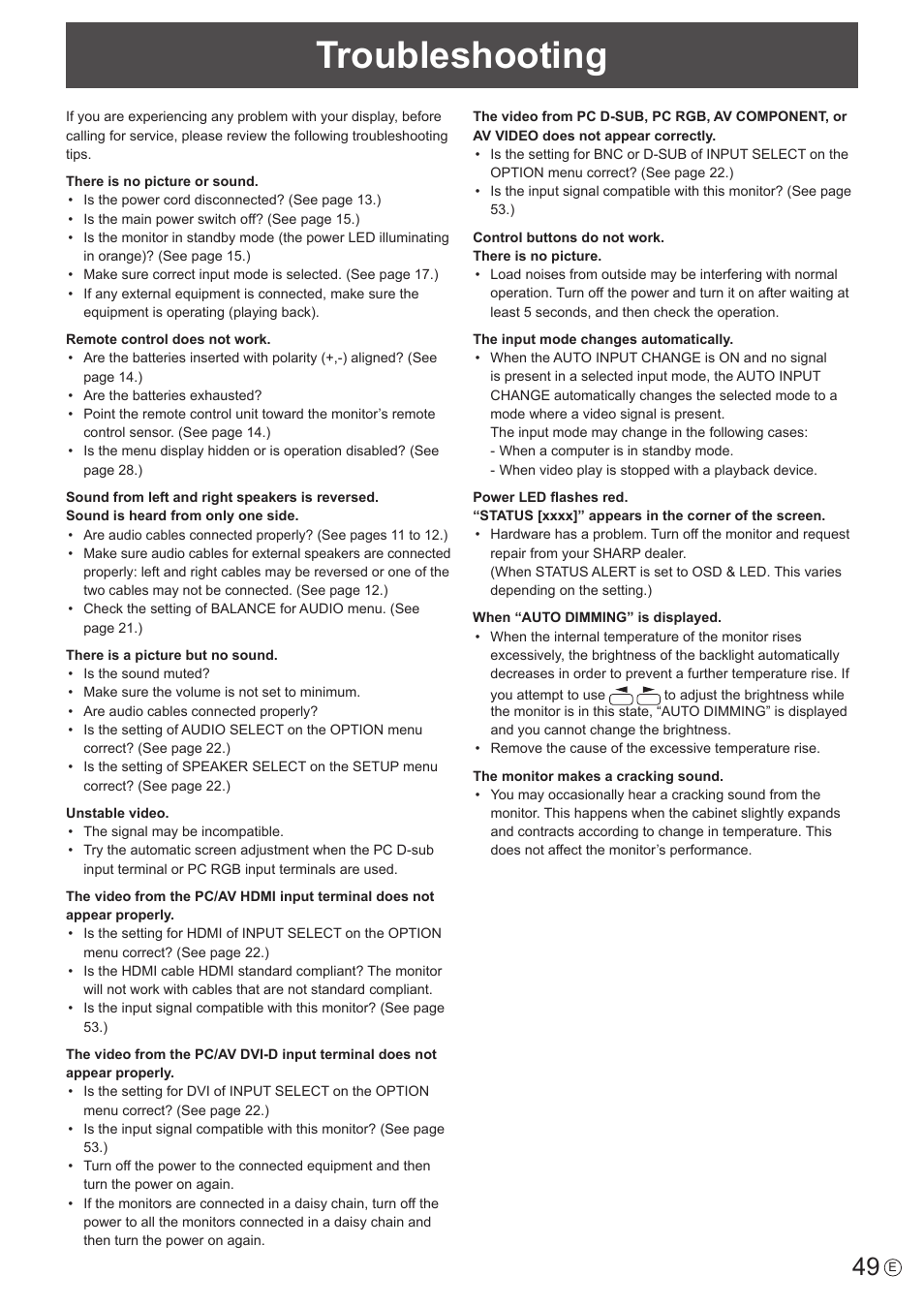 Troubleshooting | Sharp PN-E802 User Manual | Page 49 / 56