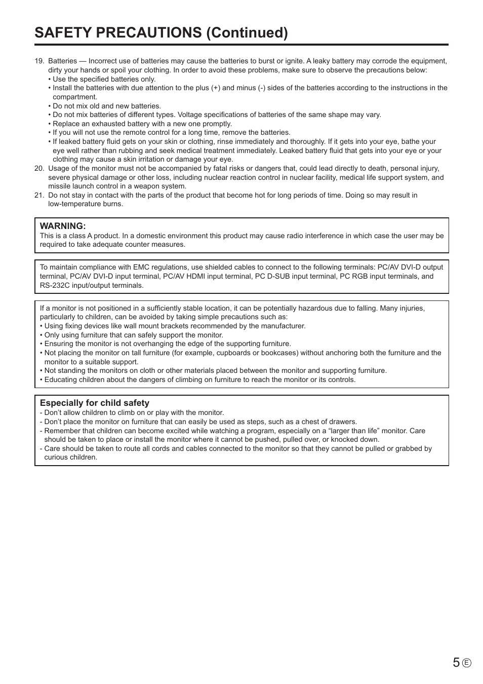 Safety precautions (continued) | Sharp PN-E802 User Manual | Page 5 / 56