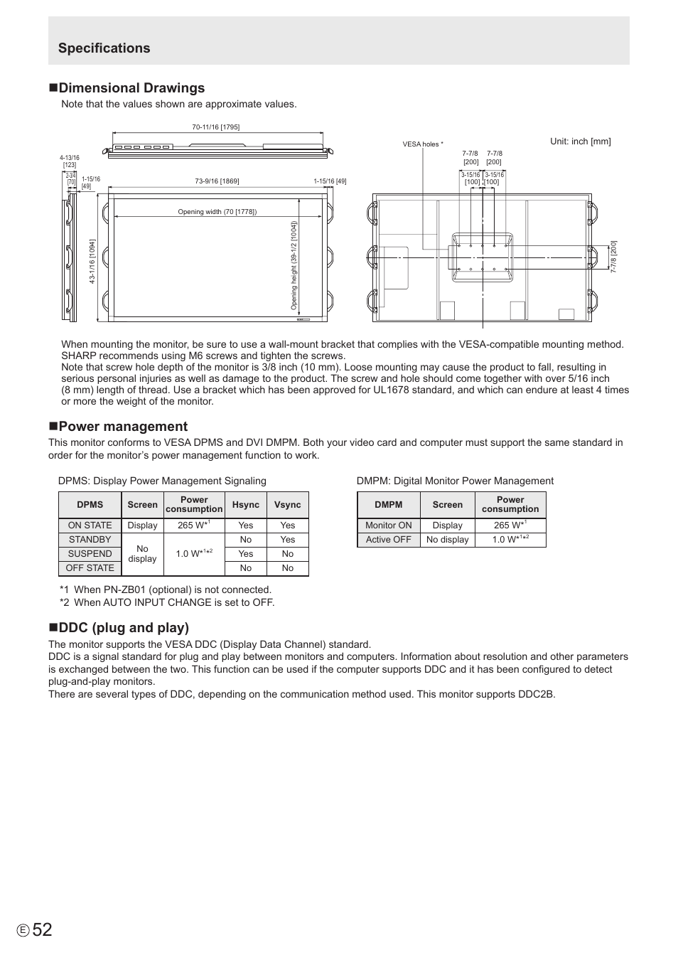 Specifications n dimensional drawings, Npower management, Nddc (plug and play) | Sharp PN-E802 User Manual | Page 52 / 56