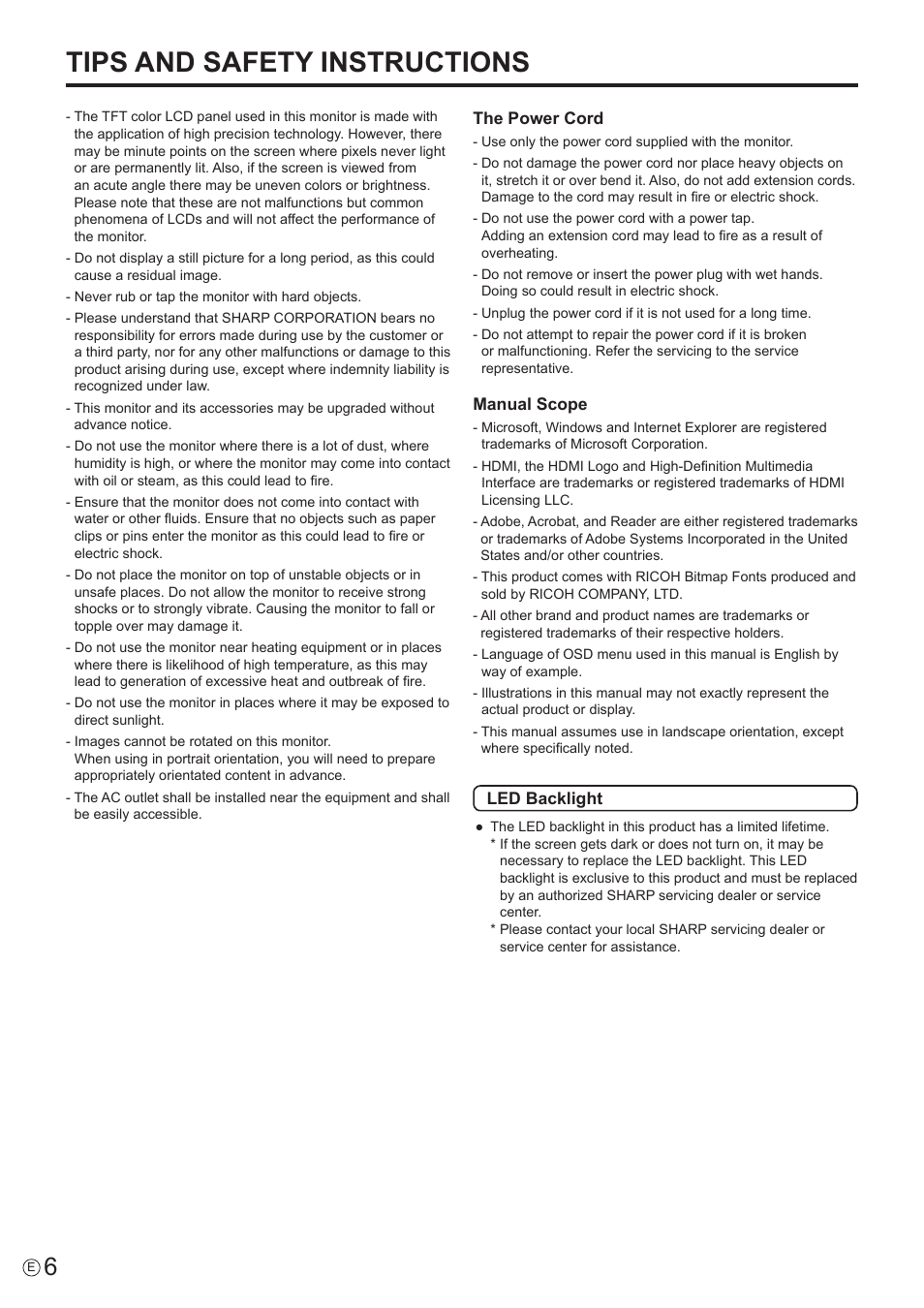 Tips and safety instructions | Sharp PN-E802 User Manual | Page 6 / 56