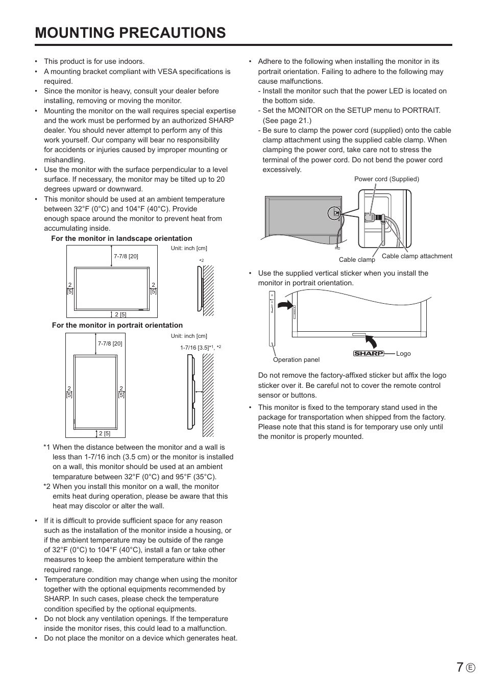Mounting precautions | Sharp PN-E802 User Manual | Page 7 / 56