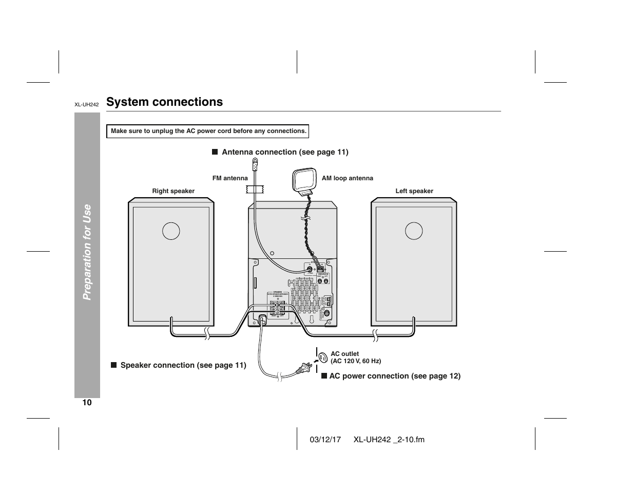 System connections, Preparation for use, Speaker connection (see page 11) | Sharp XL-UH242 User Manual | Page 10 / 40