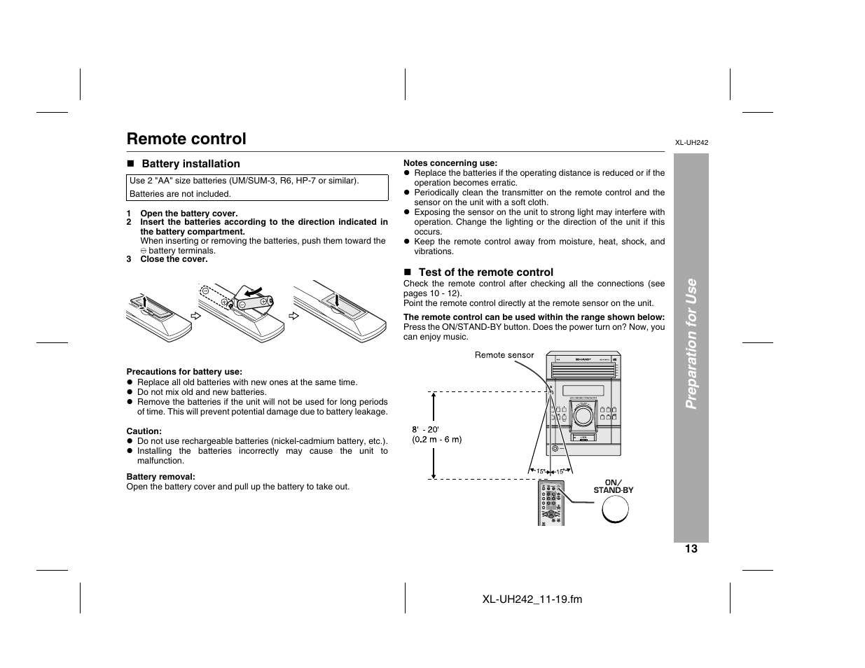 Remote control, Preparation for use | Sharp XL-UH242 User Manual | Page 13 / 40