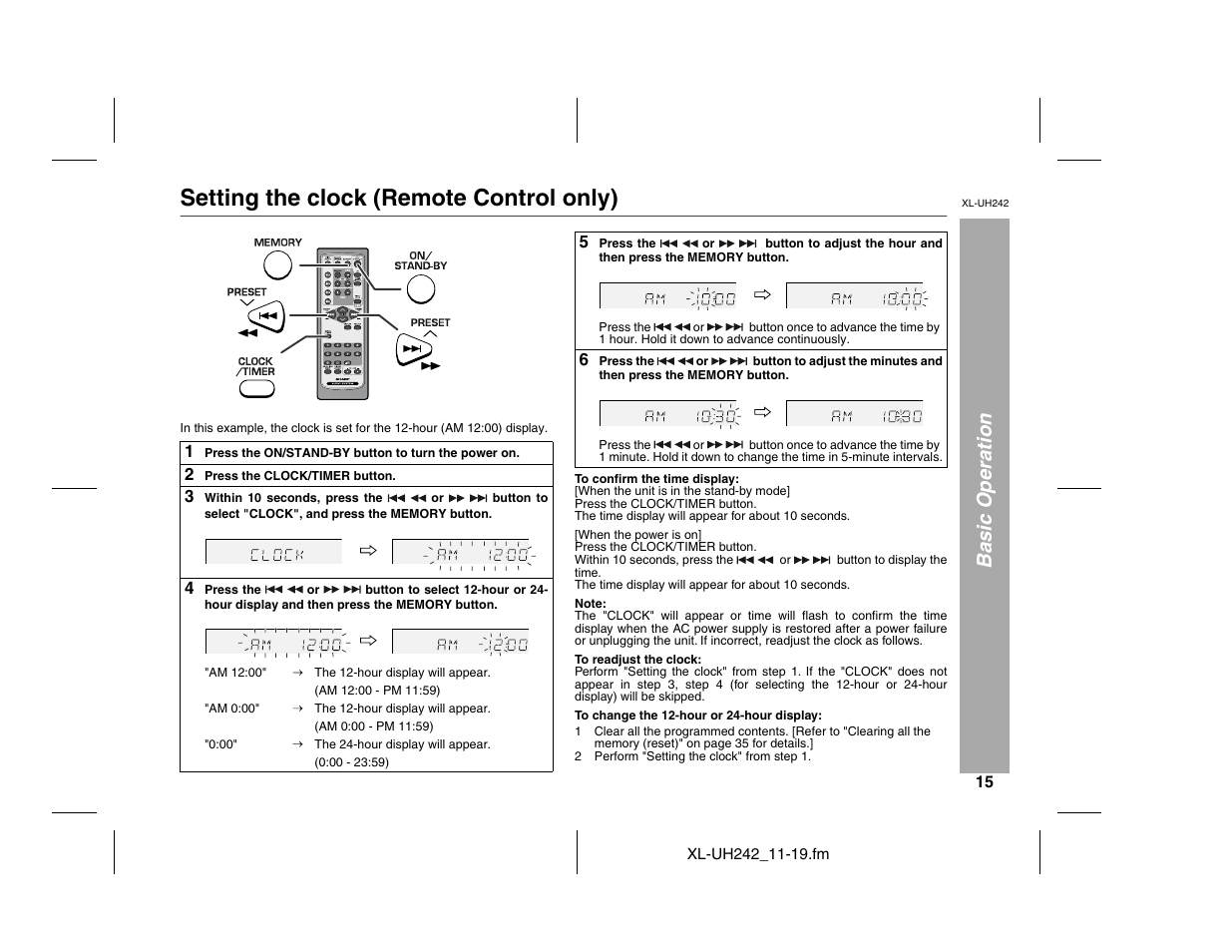 Setting the clock (remote control only), Basic operation | Sharp XL-UH242 User Manual | Page 15 / 40