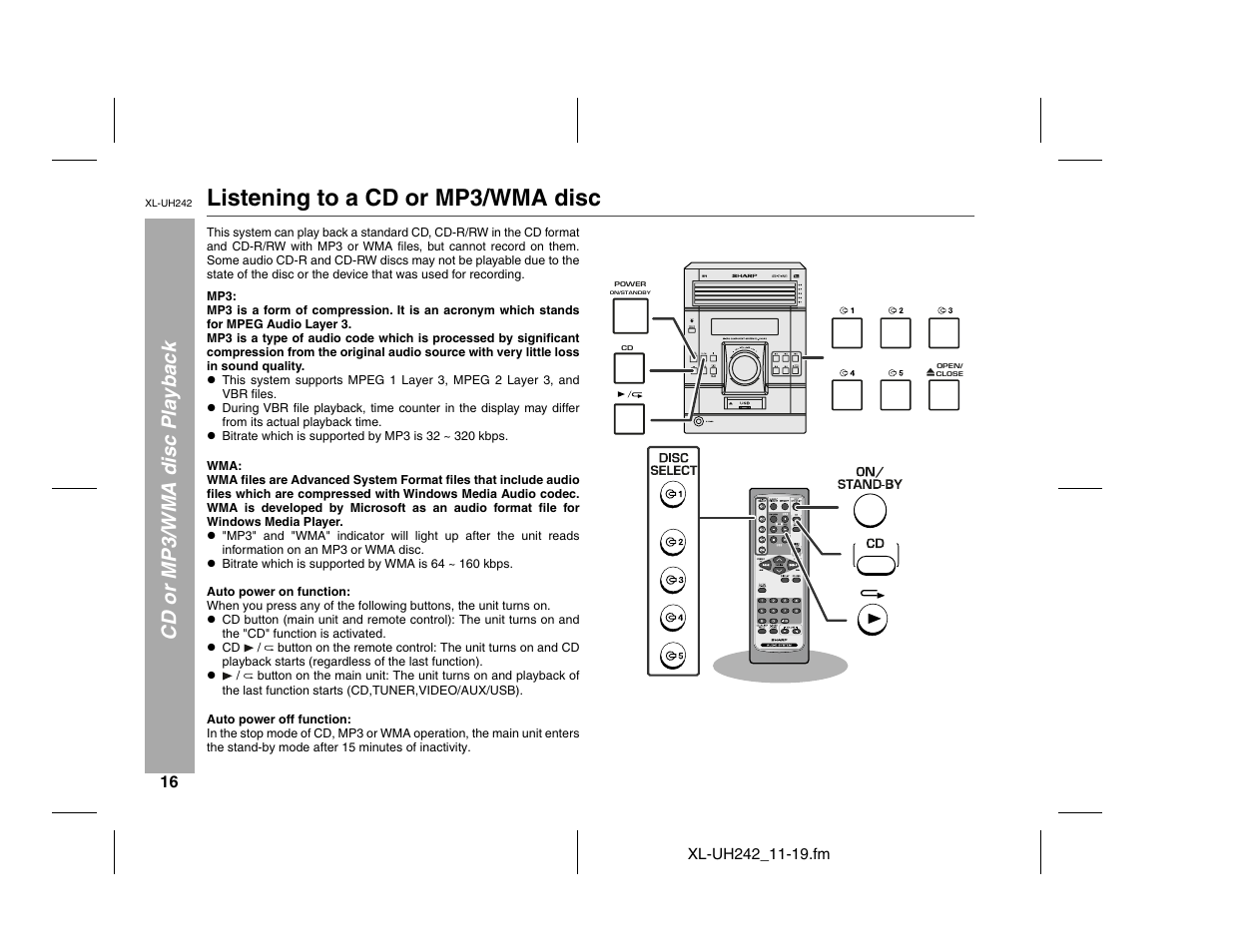 Listening to a cd or mp3/wma disc, Cd or mp3/wma disc playback | Sharp XL-UH242 User Manual | Page 16 / 40