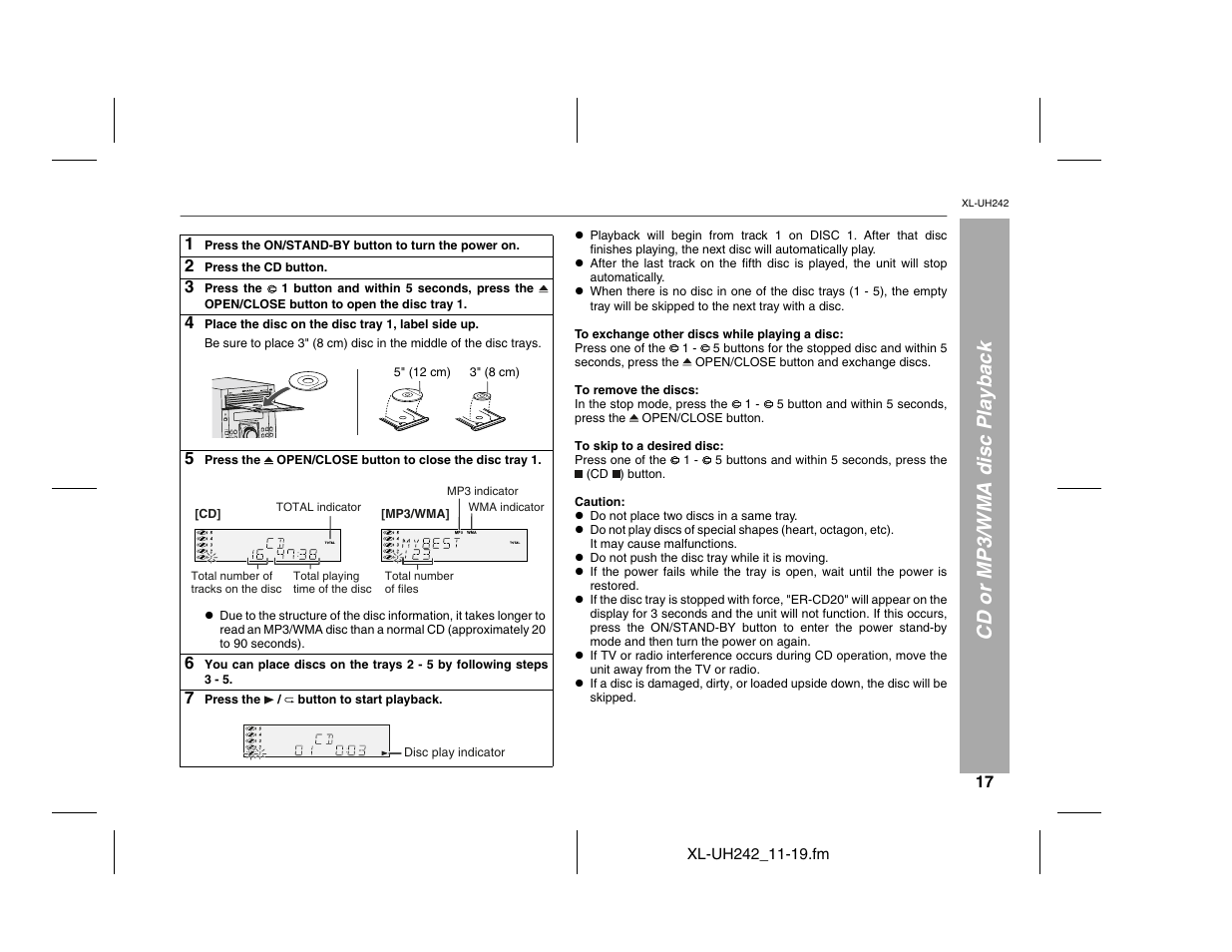 Cd or mp3/wma disc playback | Sharp XL-UH242 User Manual | Page 17 / 40