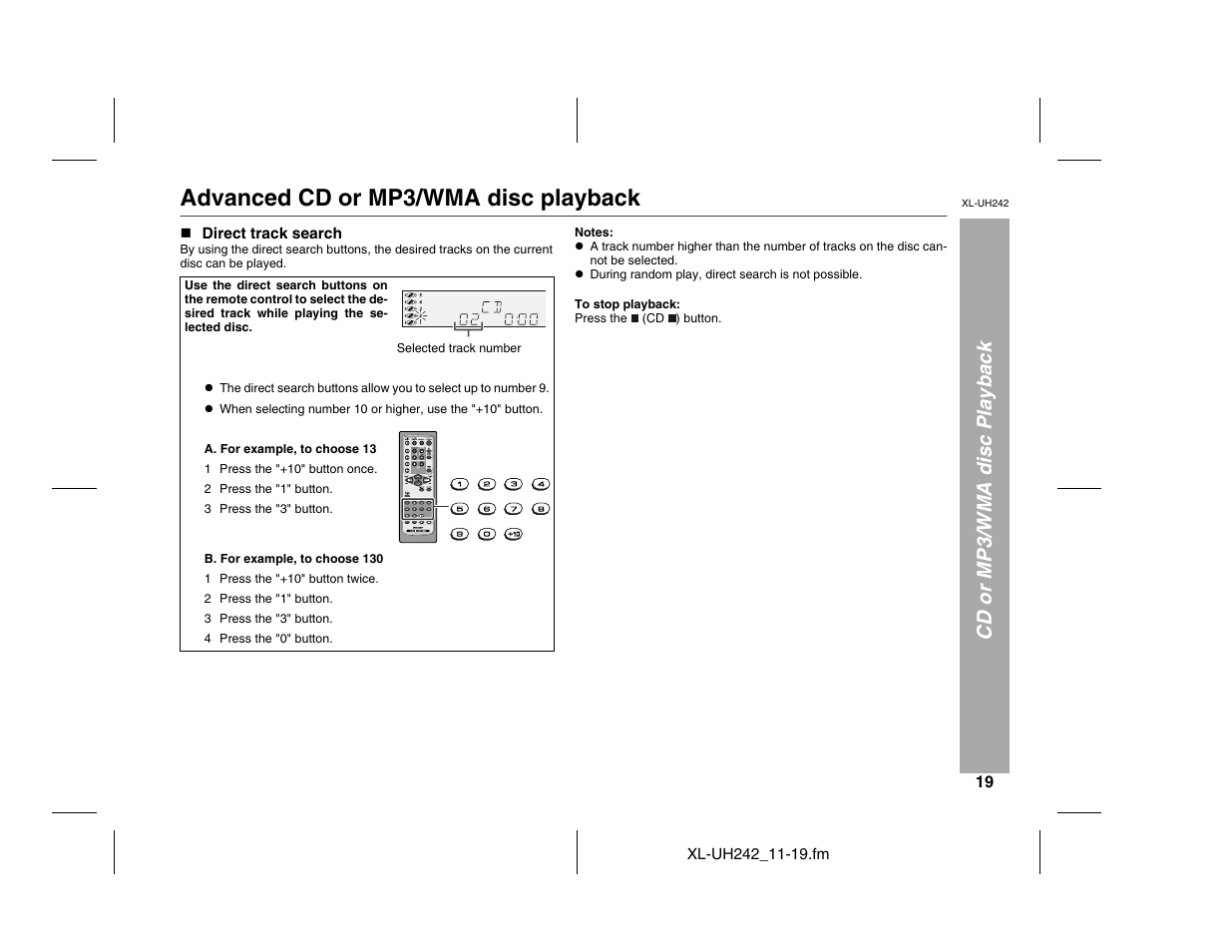 Advanced cd or mp3/wma disc playback, Cd or mp3/wma disc playback | Sharp XL-UH242 User Manual | Page 19 / 40