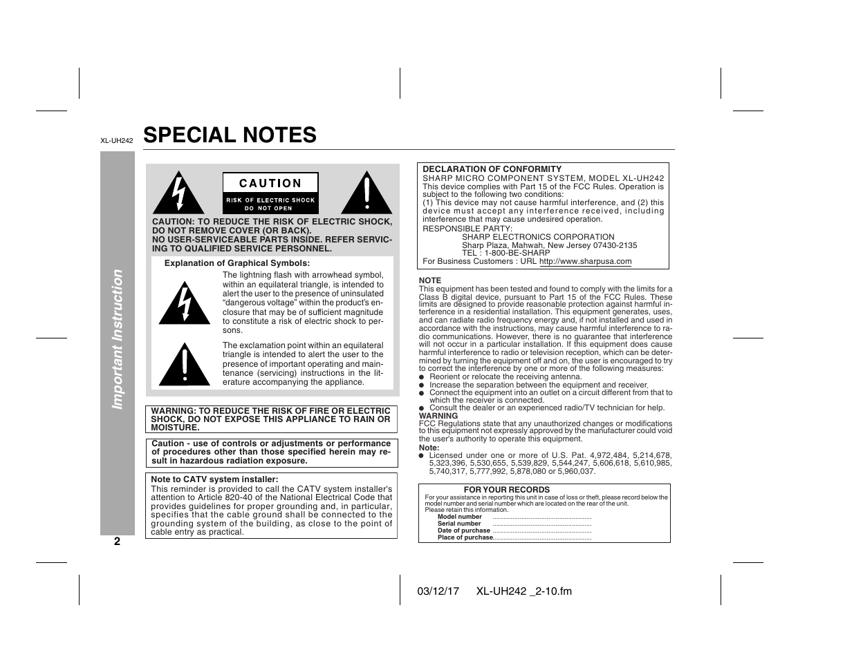 Important instruction | Sharp XL-UH242 User Manual | Page 2 / 40