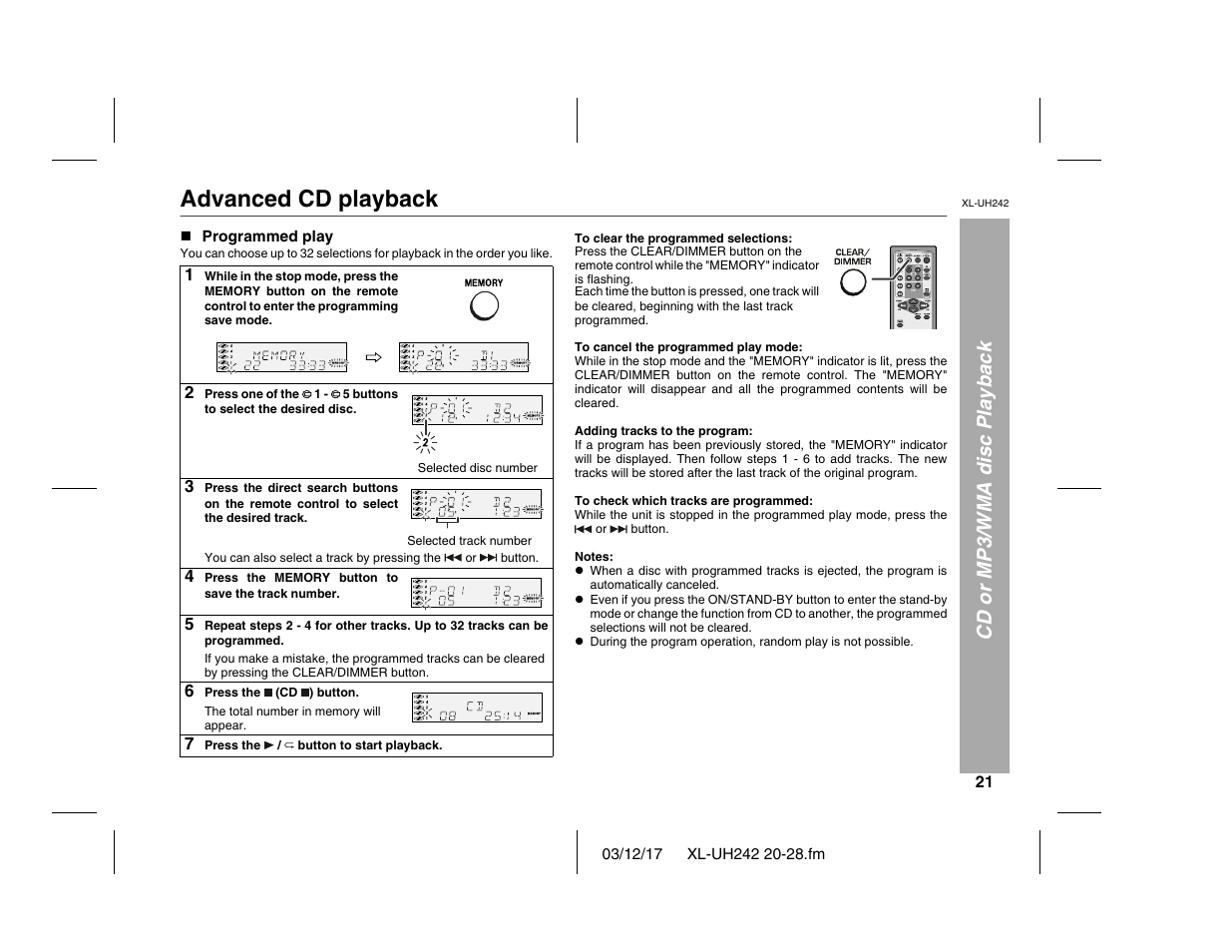 Advanced cd playback, Cd or mp3/wma disc playback | Sharp XL-UH242 User Manual | Page 21 / 40