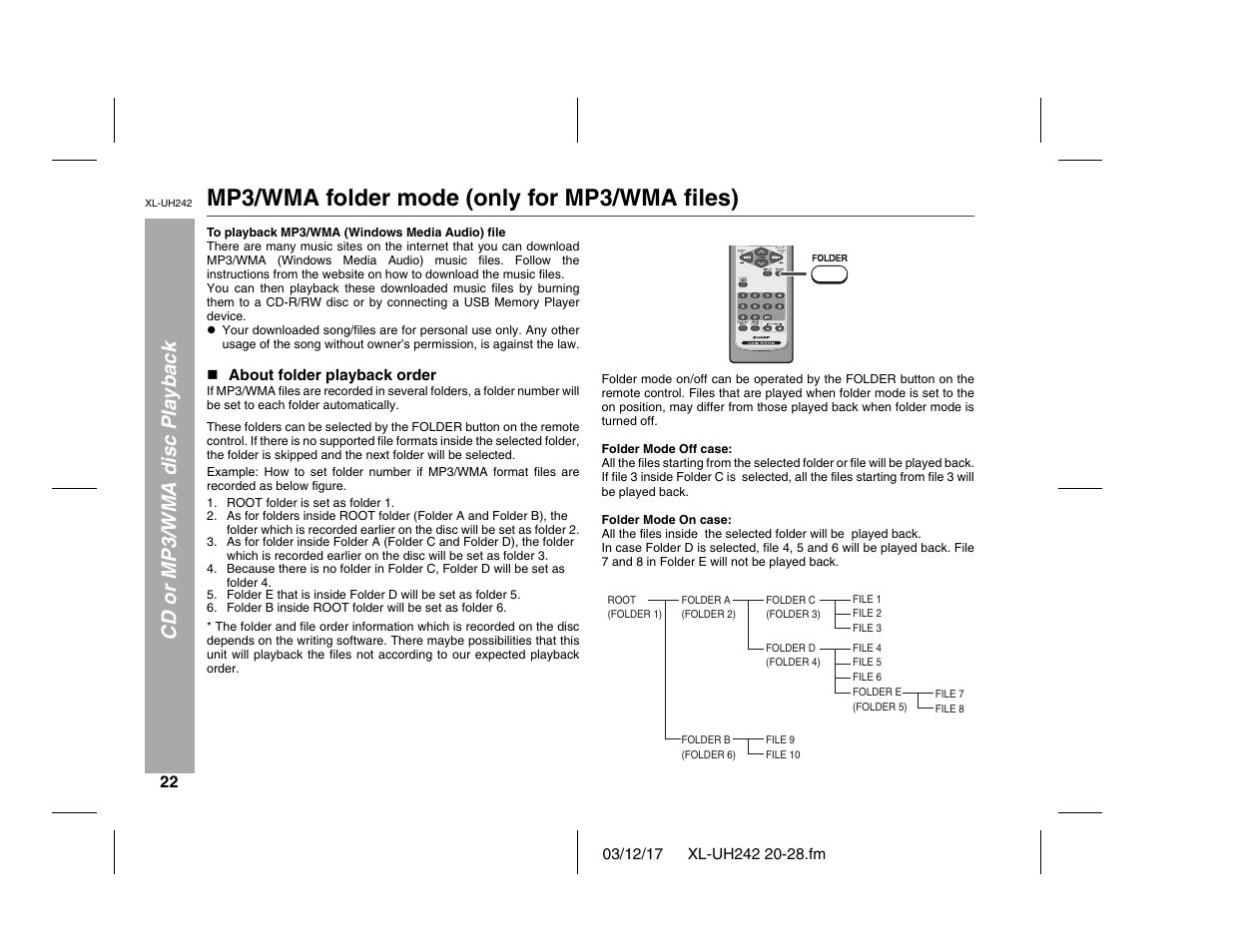 Mp3/wma folder mode (only for mp3/wma files), Cd or mp3/wma disc playback | Sharp XL-UH242 User Manual | Page 22 / 40