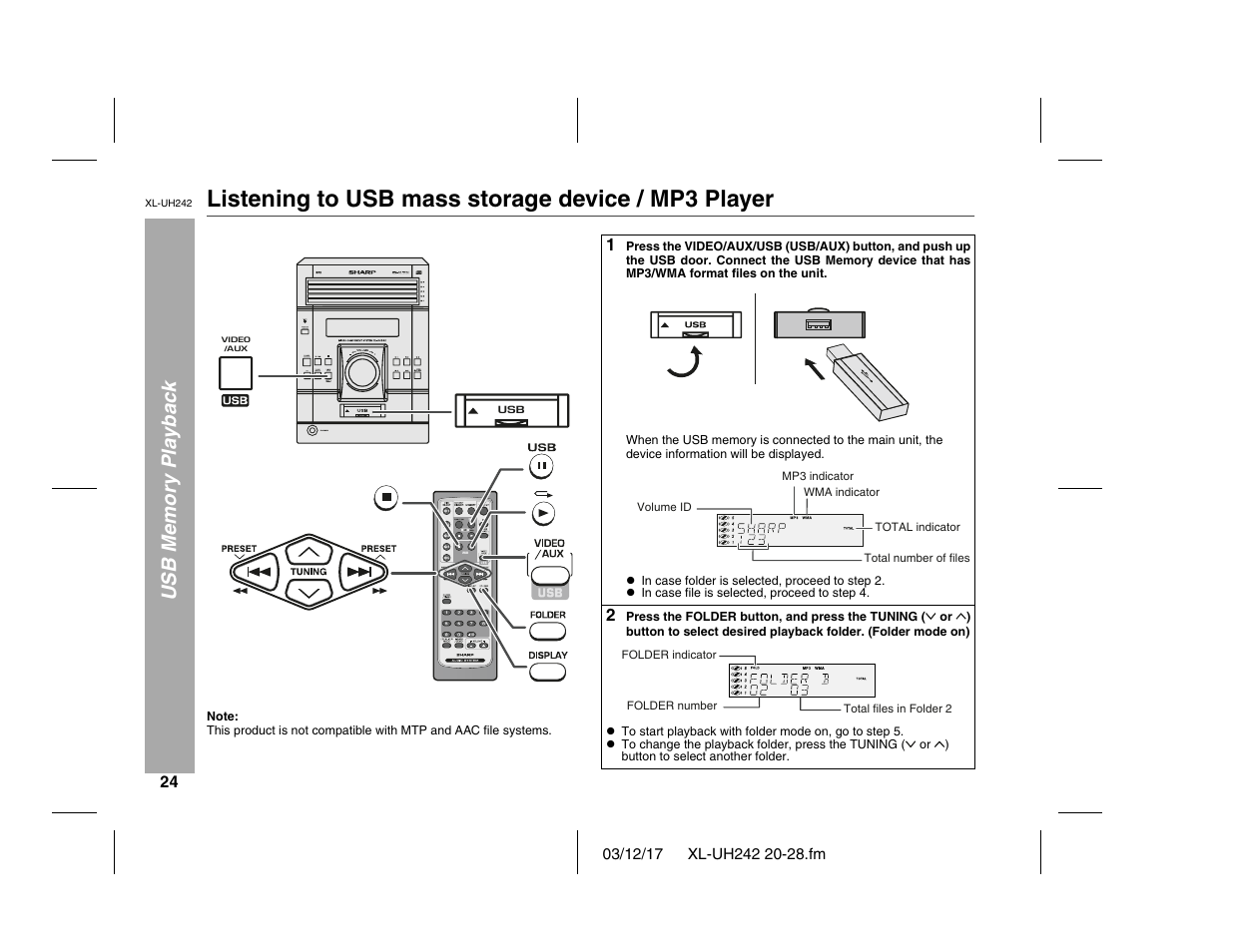 Listening to usb mass storage device / mp3 player | Sharp XL-UH242 User Manual | Page 24 / 40