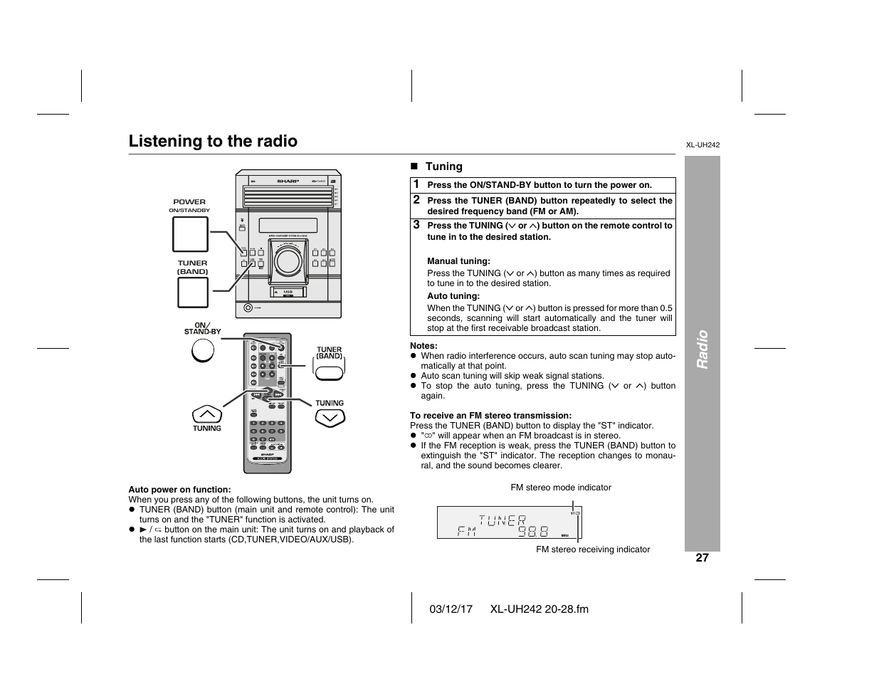 Listening to the radio, Radio | Sharp XL-UH242 User Manual | Page 27 / 40