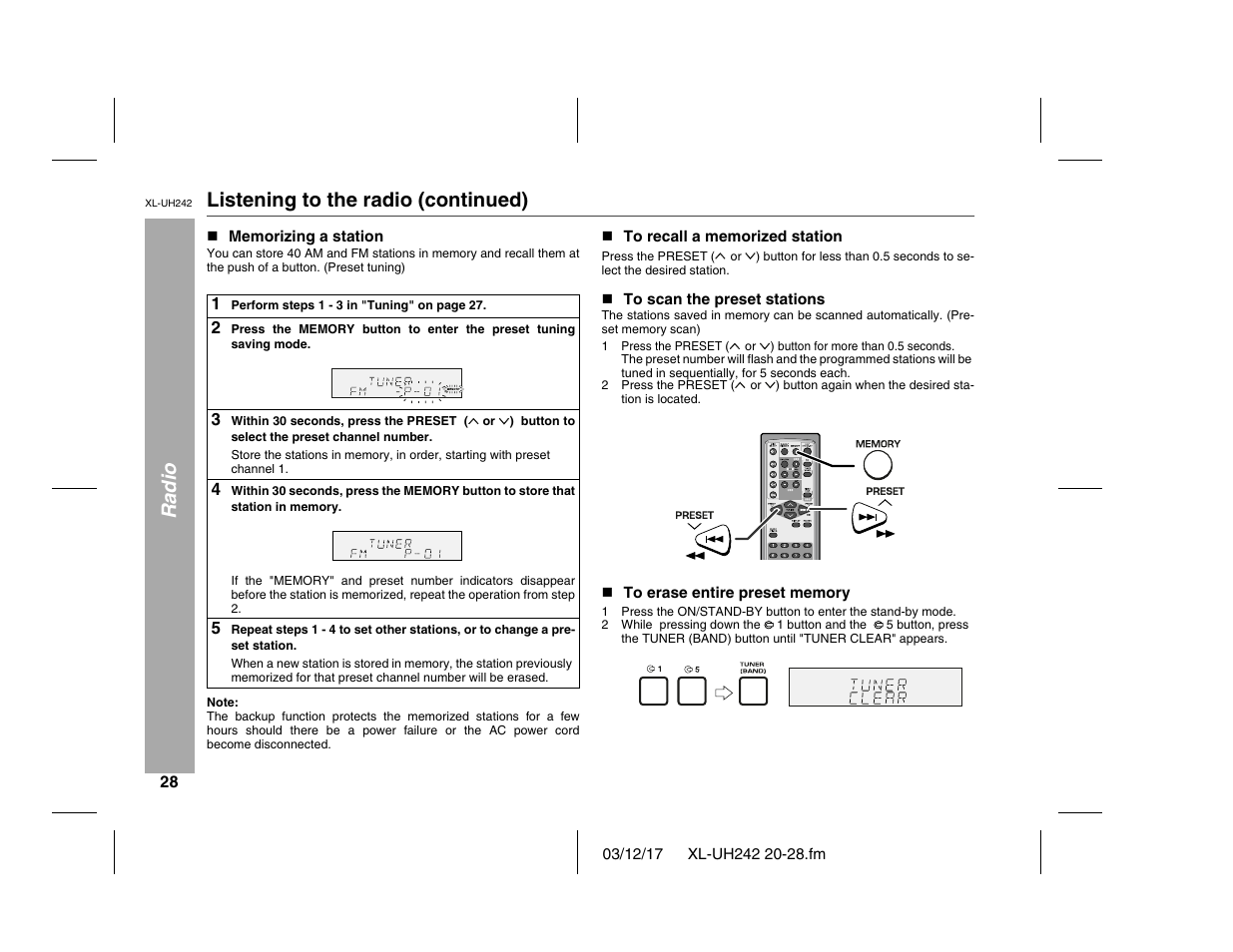 Radio listening to the radio (continued) | Sharp XL-UH242 User Manual | Page 28 / 40