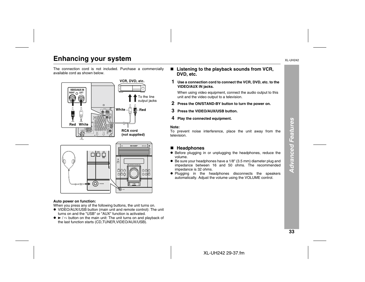 Enhancing your system, Advanced features, Right left | Left right speakers l ig h t -u p, Fm 75 ohms am gnd subwoofer pre-out, Cd tuner (band) | Sharp XL-UH242 User Manual | Page 33 / 40