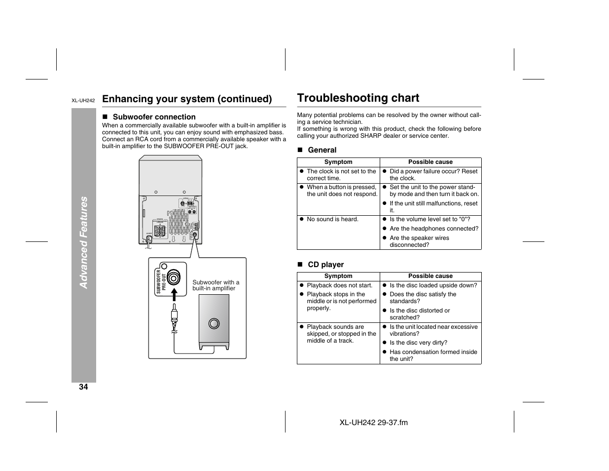 Troubleshooting chart, Right left, Left right speakers l ig h t -u p | Fm 75 ohms am gnd subwoofer pre-out | Sharp XL-UH242 User Manual | Page 34 / 40