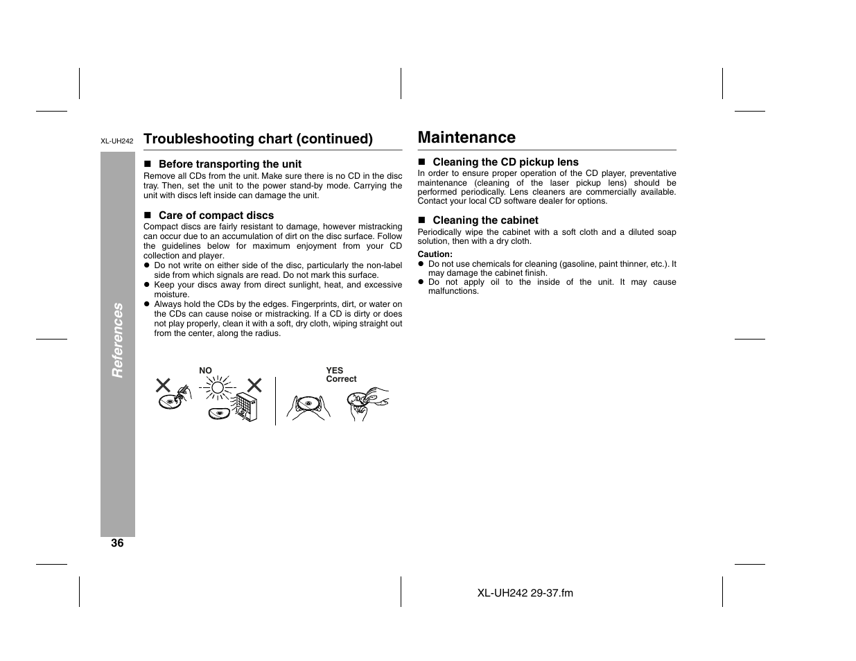 Maintenance, References troubleshooting chart (continued) | Sharp XL-UH242 User Manual | Page 36 / 40