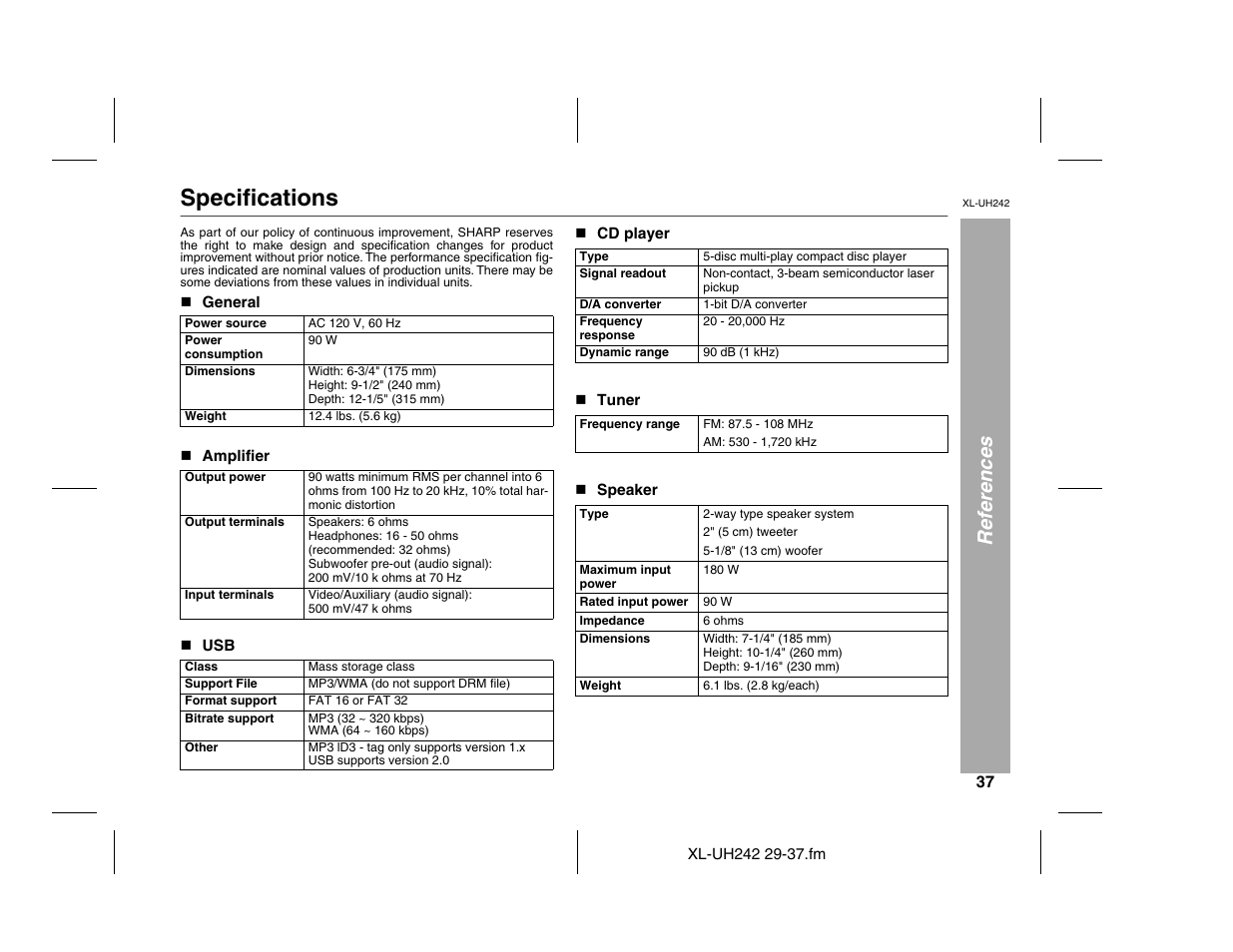 Specifications, References | Sharp XL-UH242 User Manual | Page 37 / 40