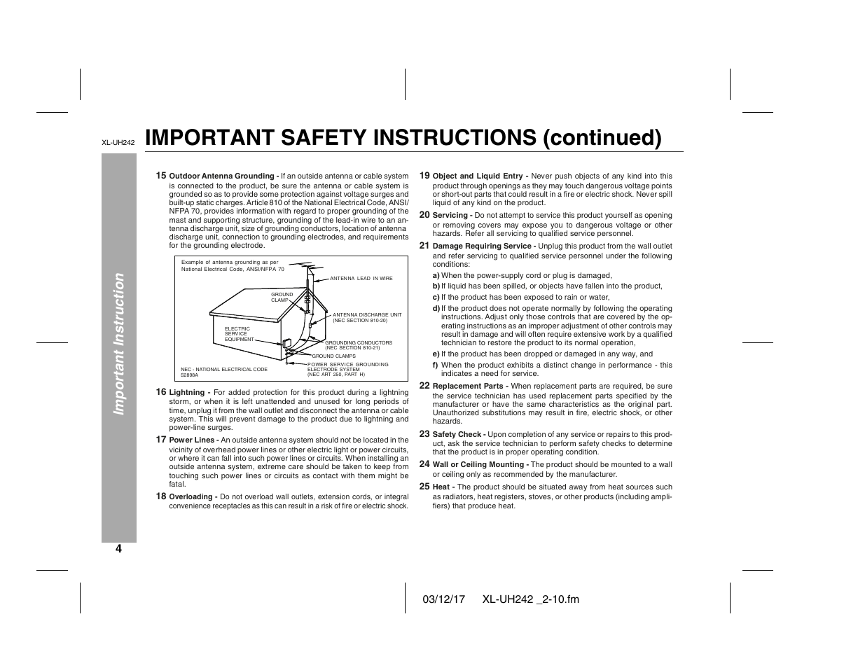 Important safety instructions (continued), Important instruction | Sharp XL-UH242 User Manual | Page 4 / 40