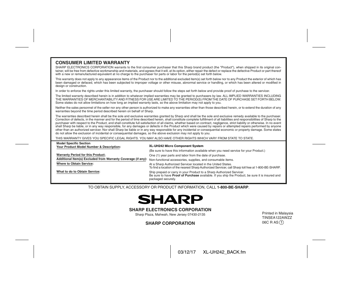 Consumer limited warranty | Sharp XL-UH242 User Manual | Page 40 / 40