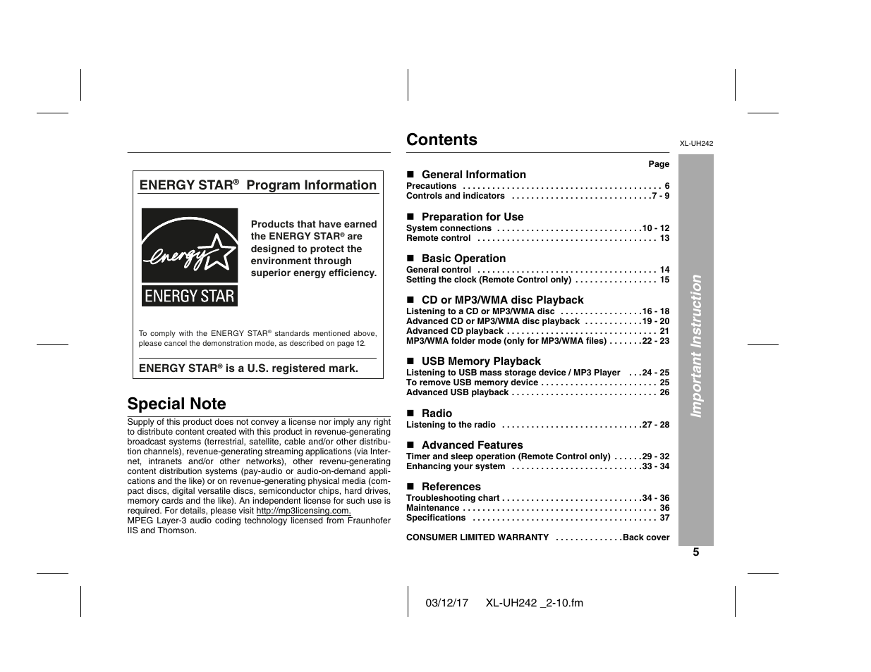 Sharp XL-UH242 User Manual | Page 5 / 40