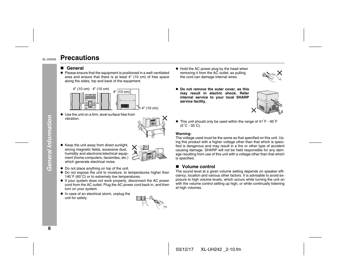 Precautions, General information | Sharp XL-UH242 User Manual | Page 6 / 40