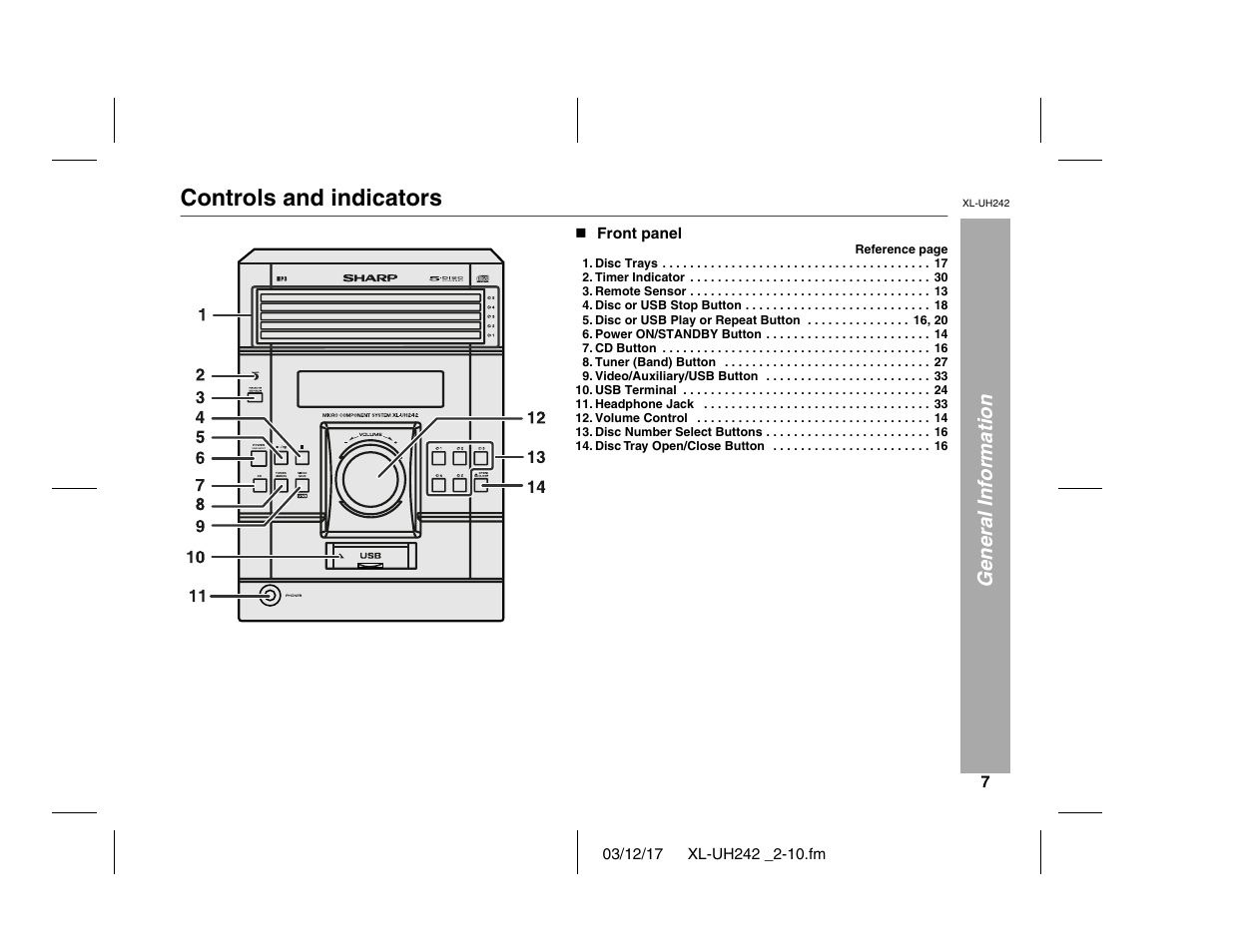 Controls and indicators | Sharp XL-UH242 User Manual | Page 7 / 40