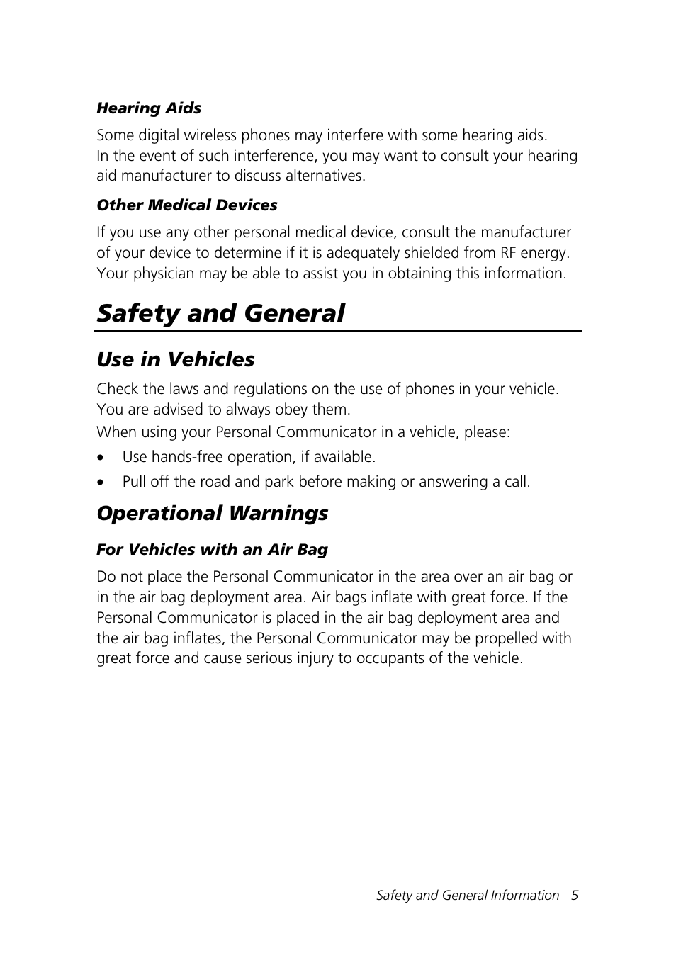 Safety and general, Use in vehicles, Operational warnings | Motorola Talkabout 192 User Manual | Page 15 / 100