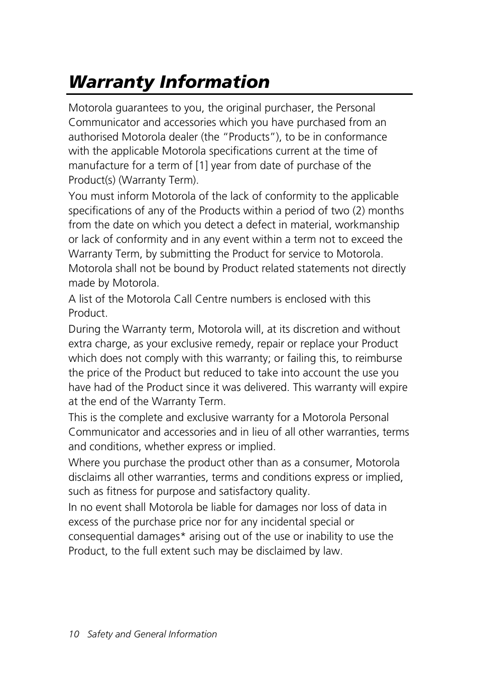 Warranty information | Motorola Talkabout 192 User Manual | Page 20 / 100