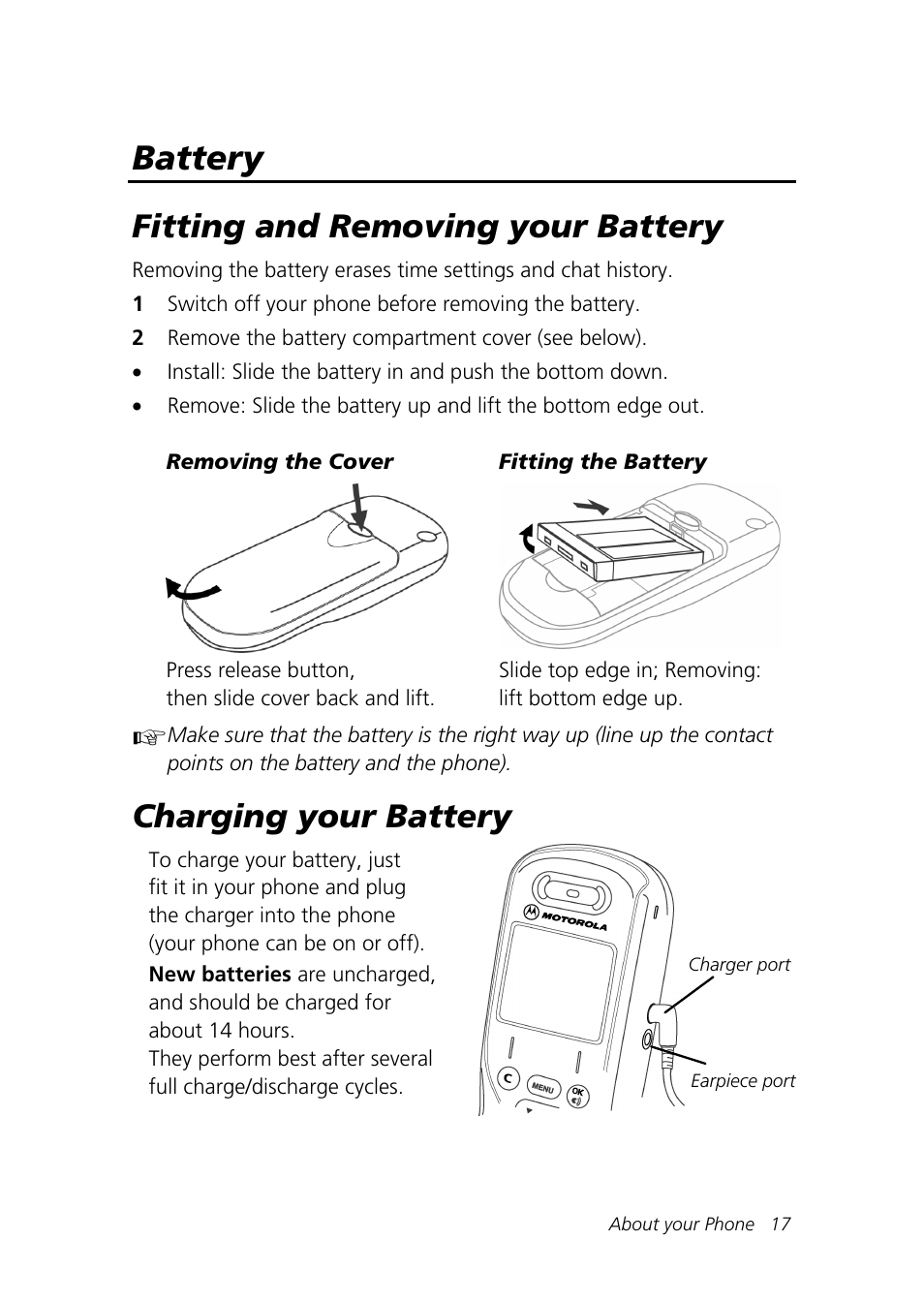 Battery, Fitting and removing your battery, Charging your battery | Motorola Talkabout 192 User Manual | Page 27 / 100