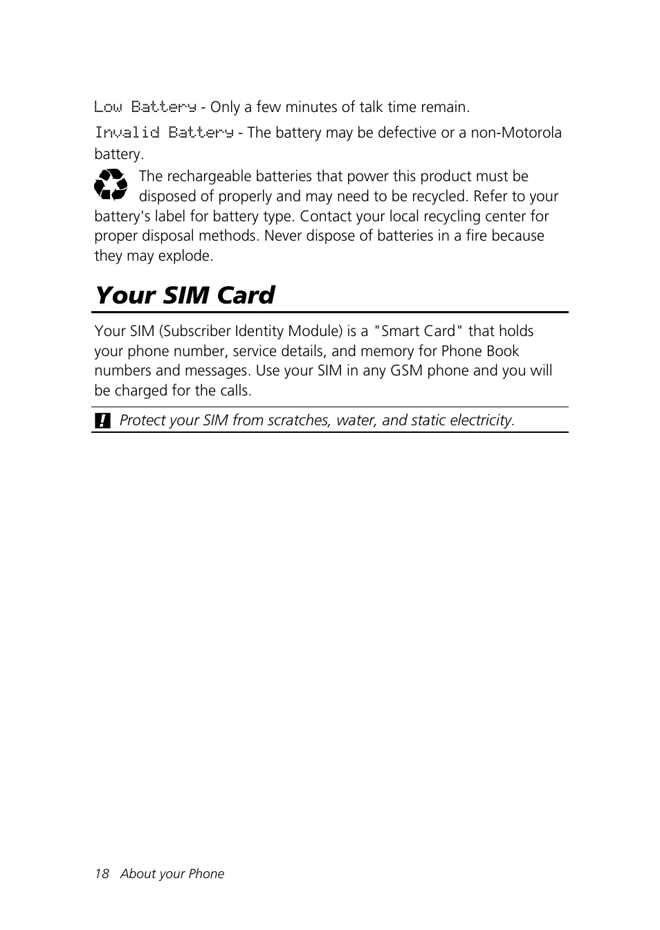 Your sim card | Motorola Talkabout 192 User Manual | Page 28 / 100