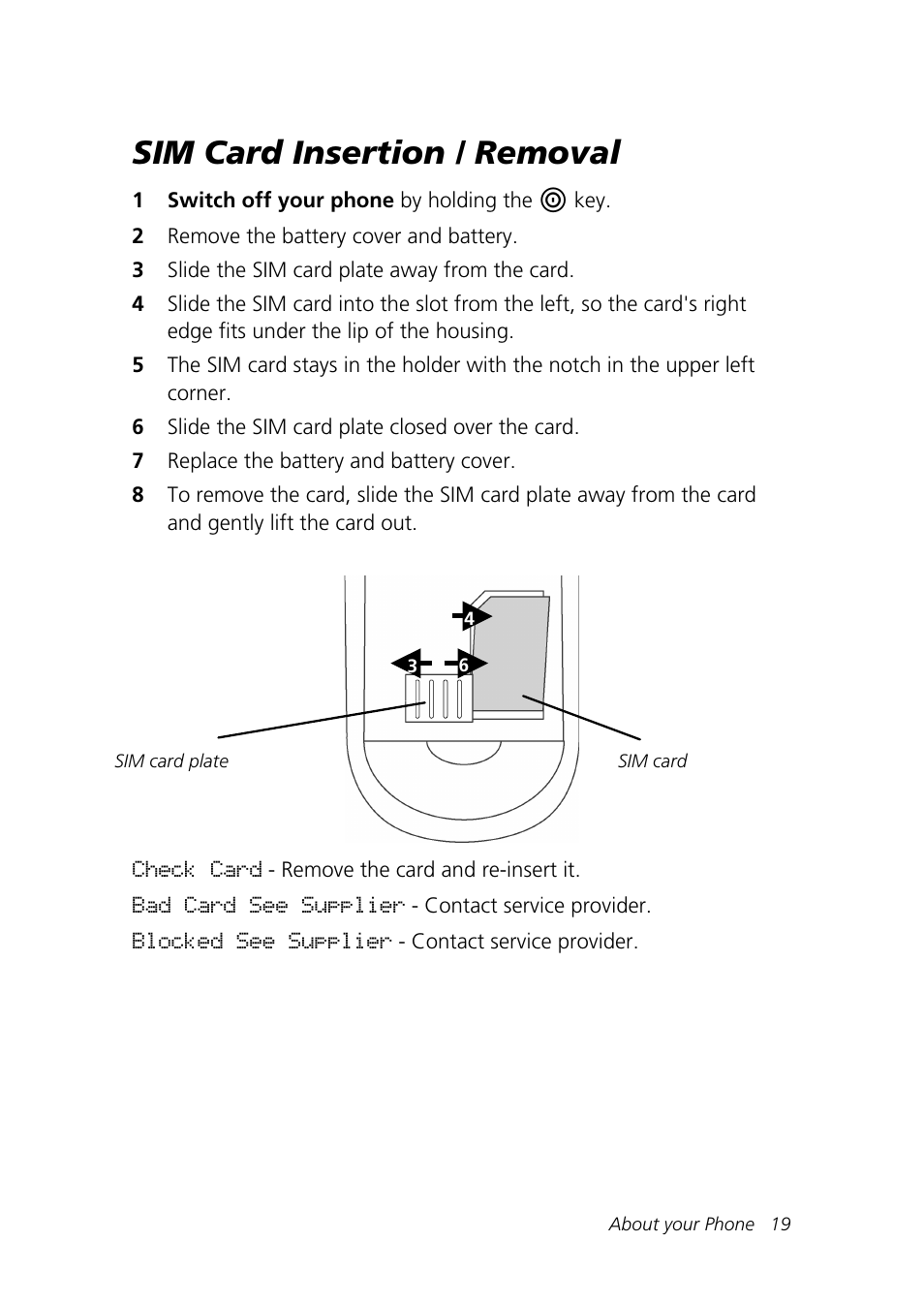 Sim card insertion / removal | Motorola Talkabout 192 User Manual | Page 29 / 100