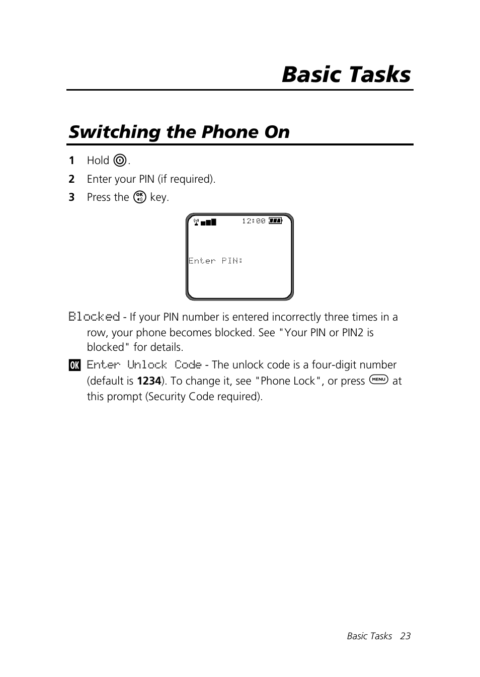 Basic tasks, Switching the phone on | Motorola Talkabout 192 User Manual | Page 33 / 100