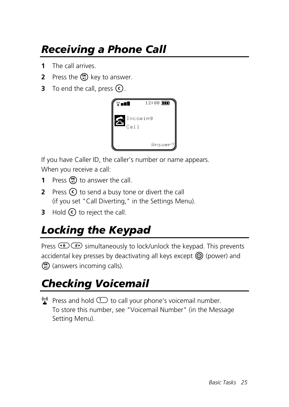 Receiving a phone call, Locking the keypad, Checking voicemail | Motorola Talkabout 192 User Manual | Page 35 / 100