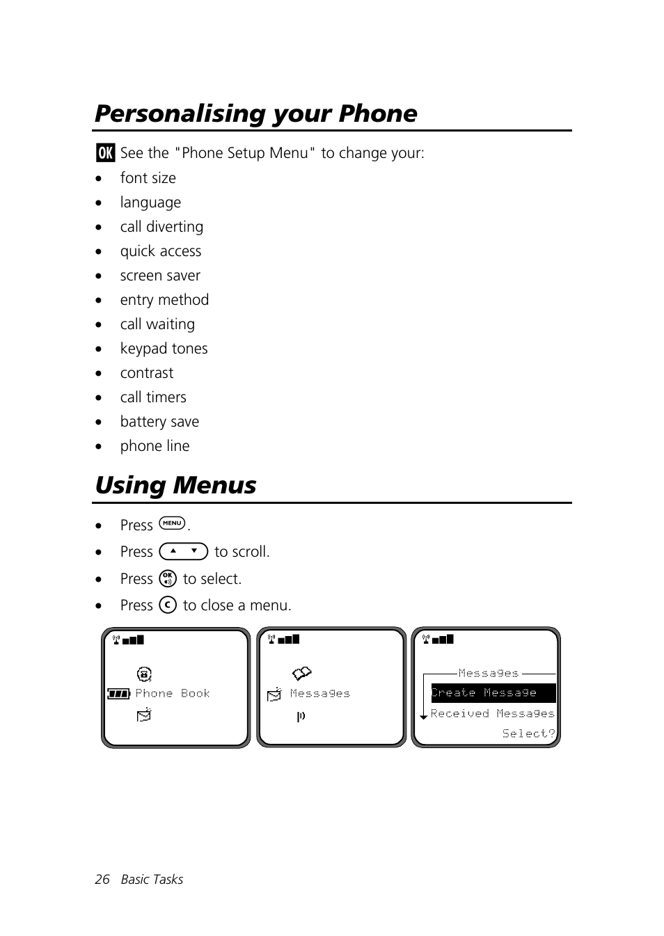 Personalising your phone, Using menus | Motorola Talkabout 192 User Manual | Page 36 / 100