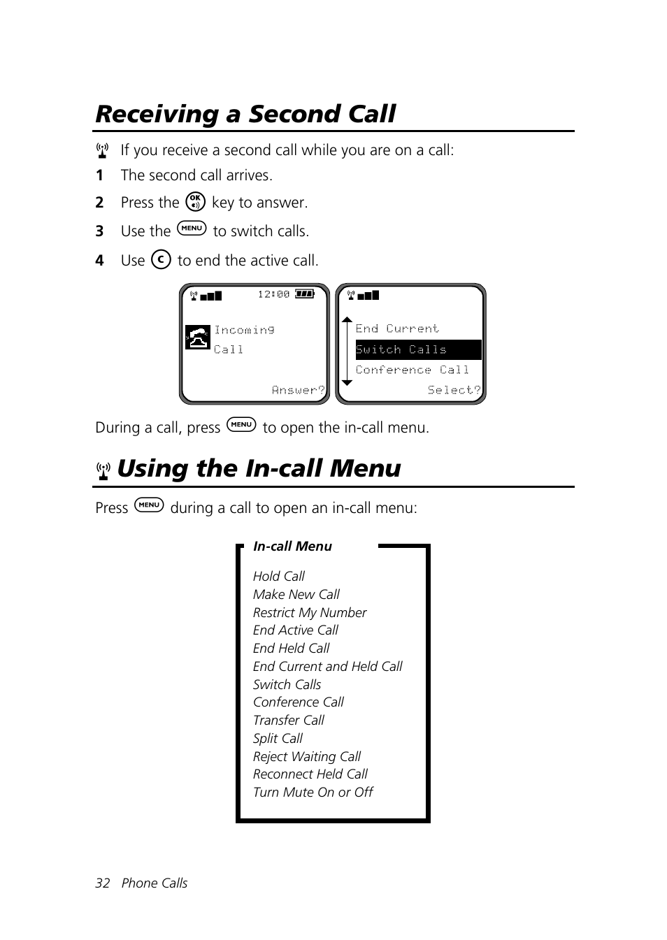 Receiving a second call, Using the in-call menu | Motorola Talkabout 192 User Manual | Page 42 / 100