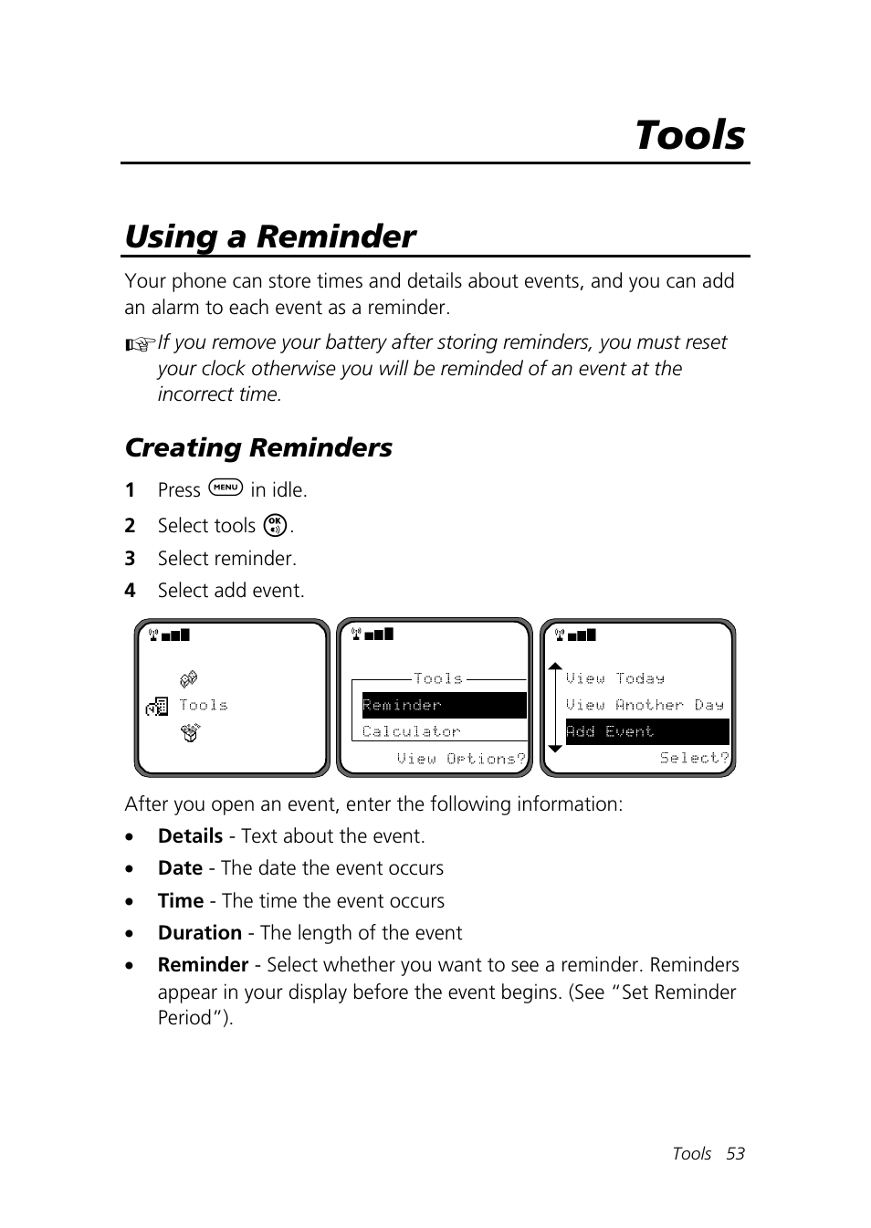 Tools, Using a reminder, Creating reminders | Motorola Talkabout 192 User Manual | Page 63 / 100