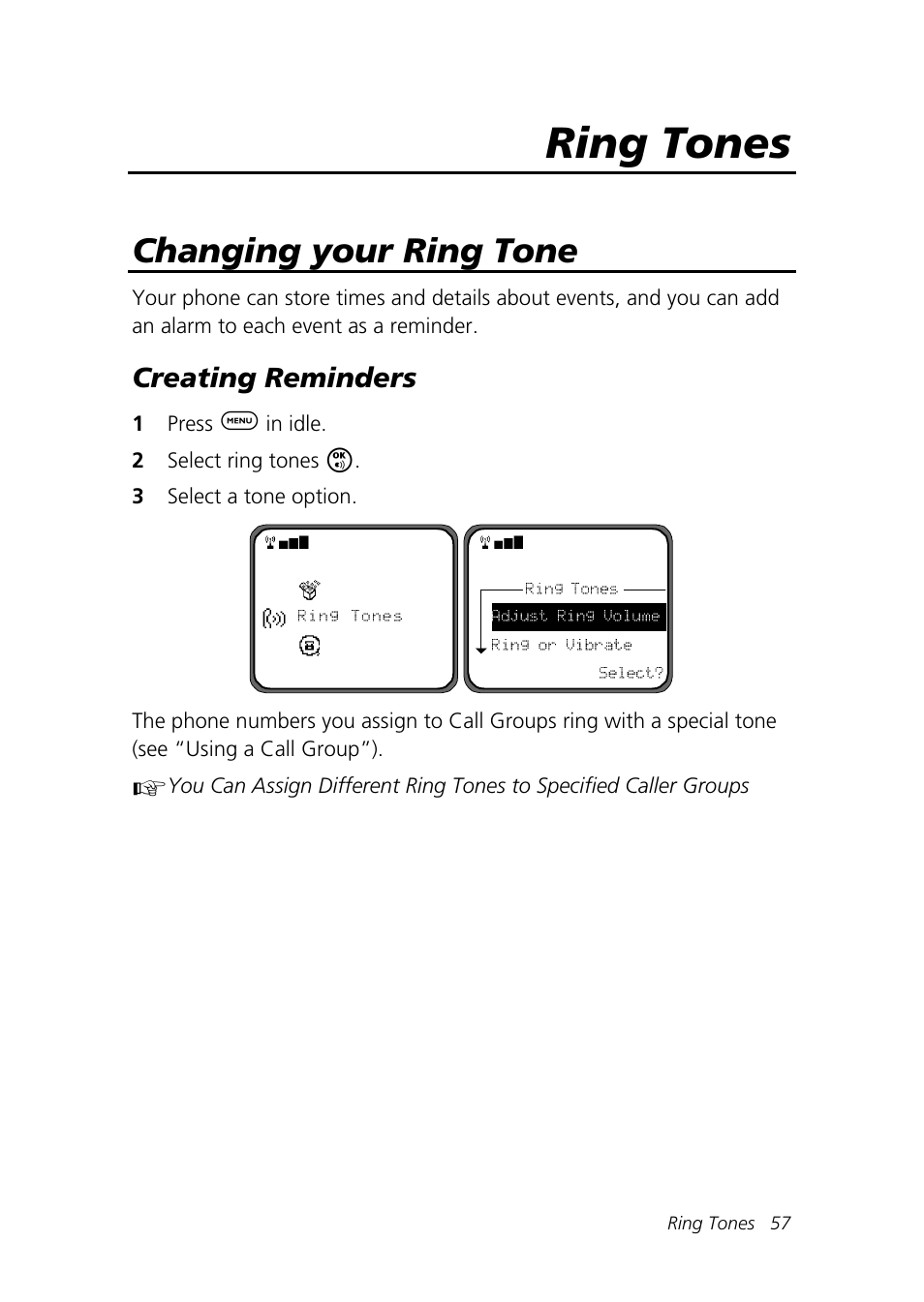 Ring tones, Changing your ring tone, Creating reminders | Motorola Talkabout 192 User Manual | Page 67 / 100