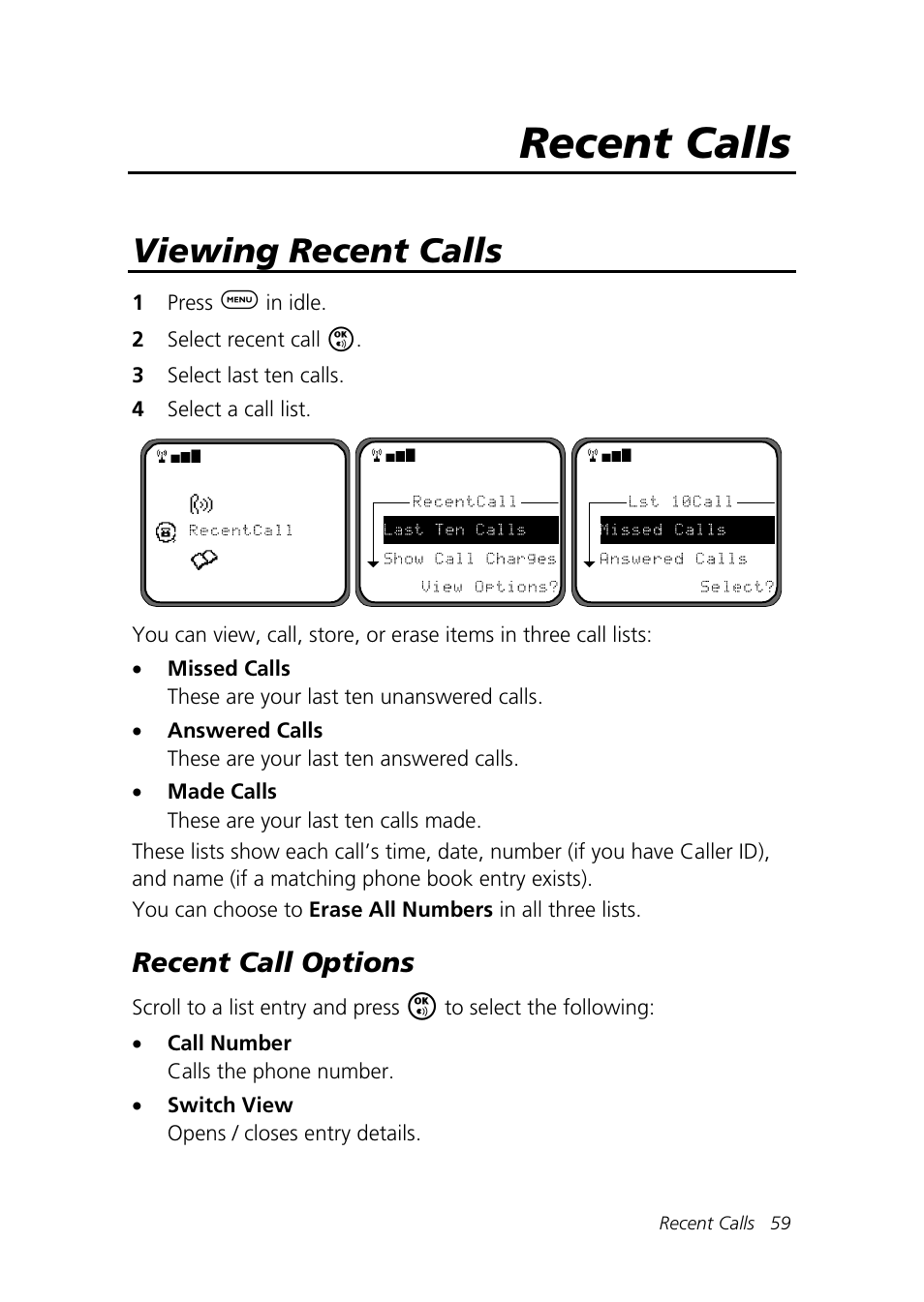 Recent calls, Viewing recent calls, Recent call options | Motorola Talkabout 192 User Manual | Page 69 / 100