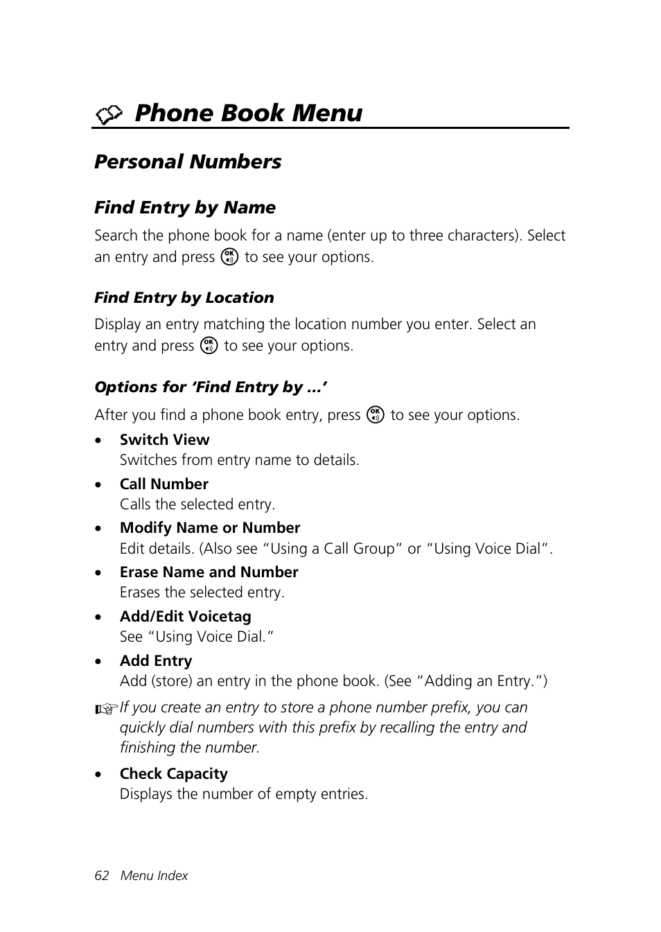 Phone book menu, Personal numbers | Motorola Talkabout 192 User Manual | Page 72 / 100