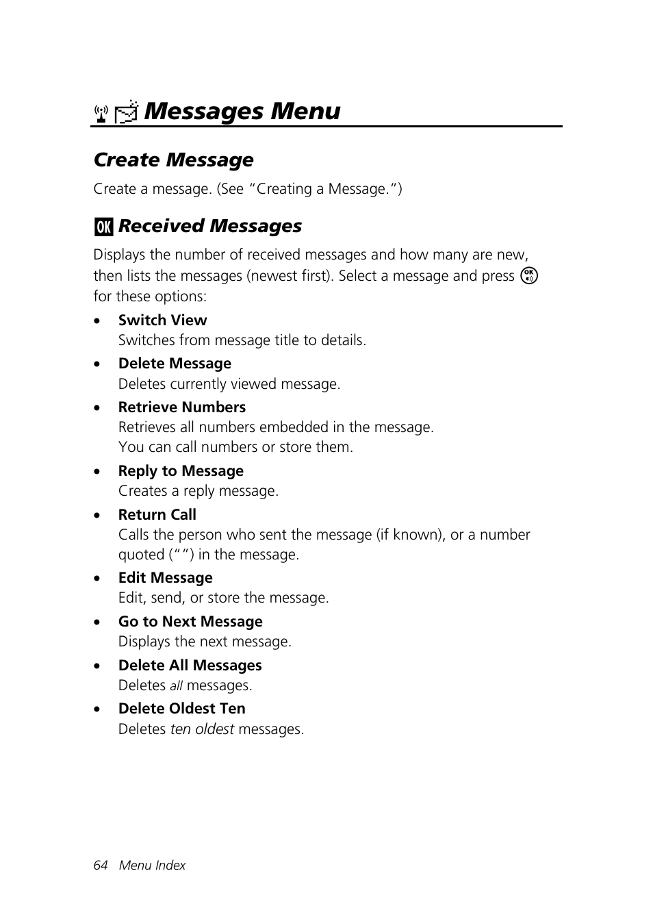 Messages menu, Create message | Motorola Talkabout 192 User Manual | Page 74 / 100