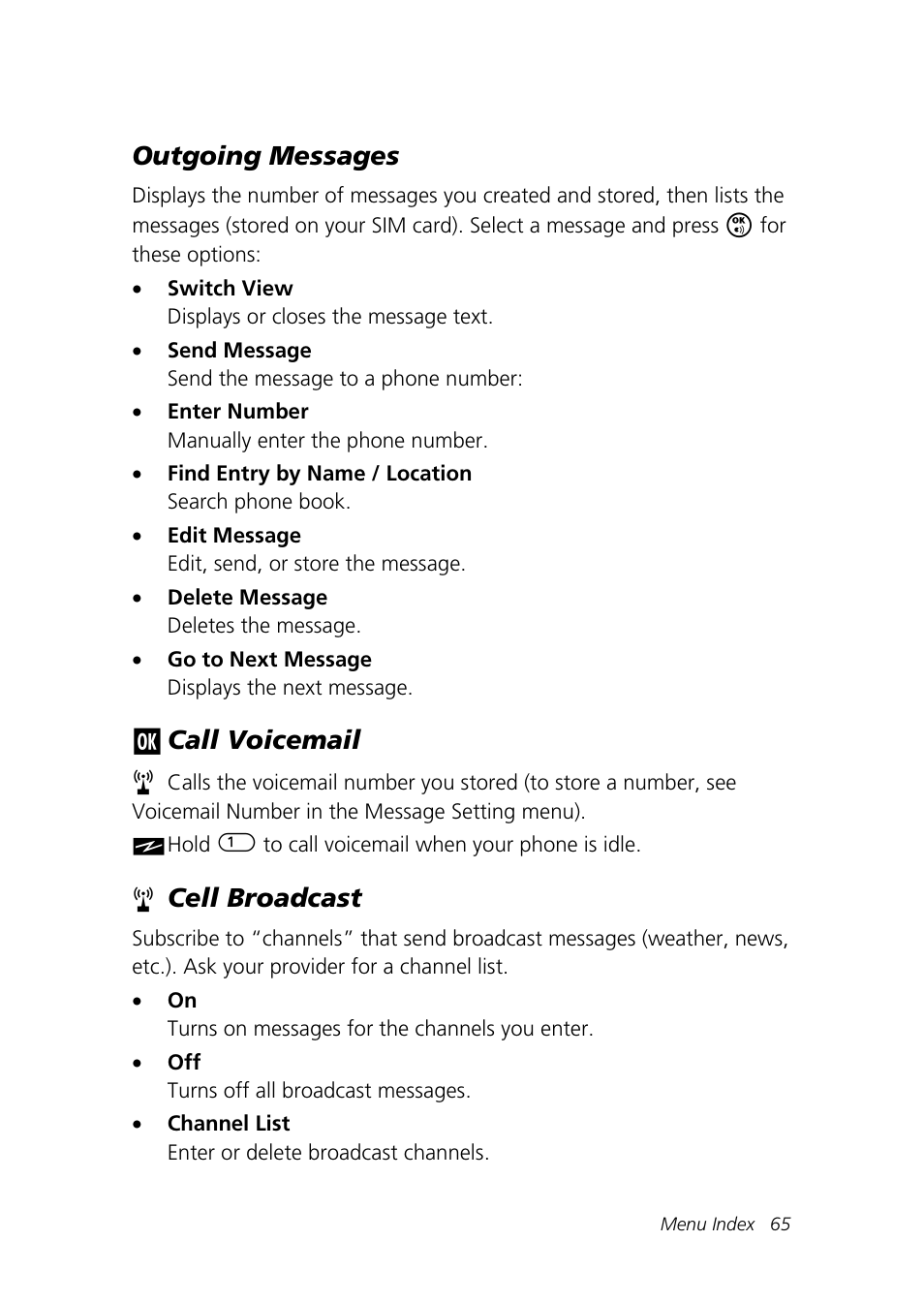 Outgoing messages, Call voicemail, Cell broadcast | Motorola Talkabout 192 User Manual | Page 75 / 100