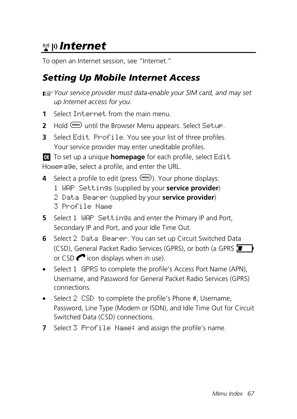 Internet, Setting up mobile internet access | Motorola Talkabout 192 User Manual | Page 77 / 100