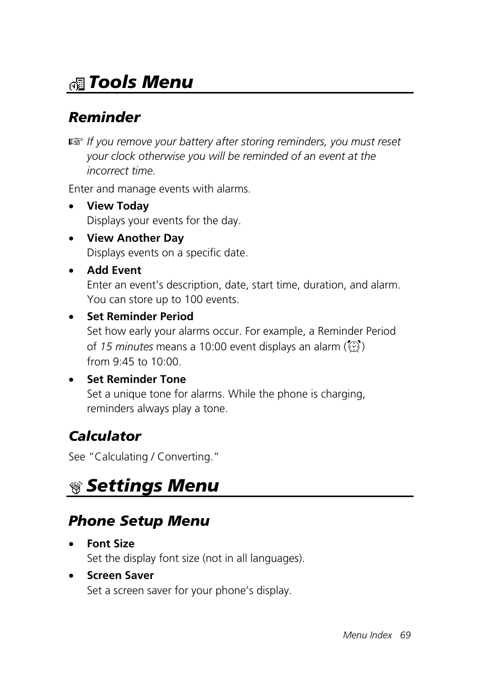 Tools menu, Settings menu, Reminder | Phone setup menu | Motorola Talkabout 192 User Manual | Page 79 / 100