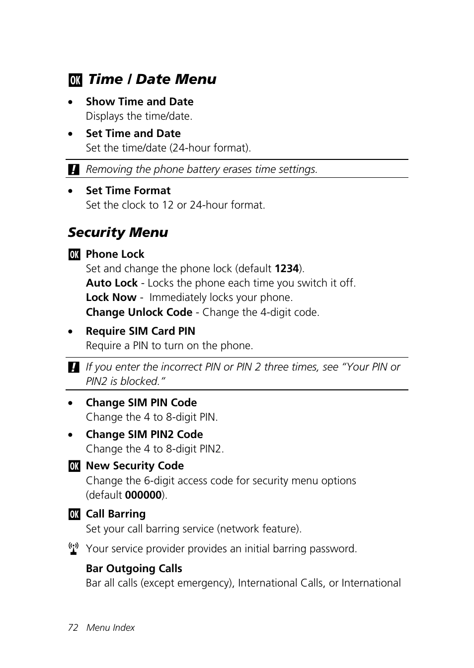 Time / date menu, Security menu | Motorola Talkabout 192 User Manual | Page 82 / 100