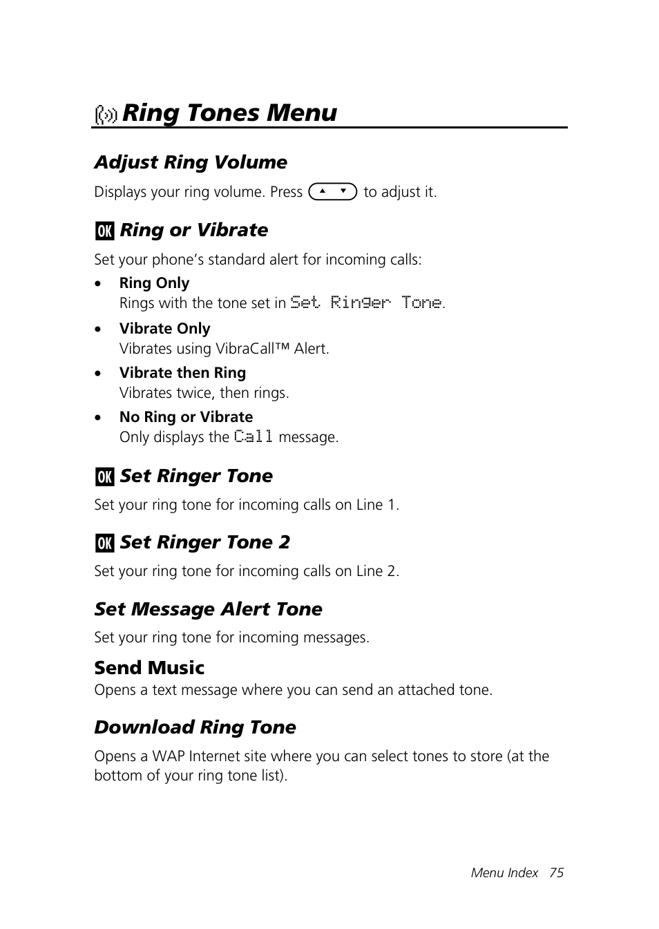 Ring tones menu | Motorola Talkabout 192 User Manual | Page 85 / 100