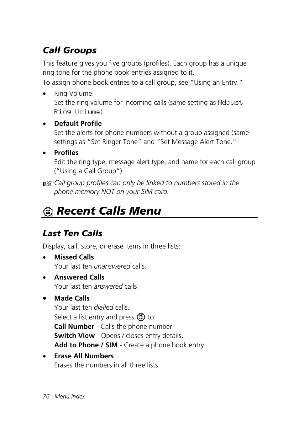 Recent calls menu, Call groups | Motorola Talkabout 192 User Manual | Page 86 / 100