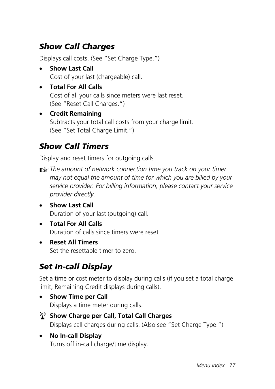Show call charges, Show call timers, Set in-call display | Motorola Talkabout 192 User Manual | Page 87 / 100